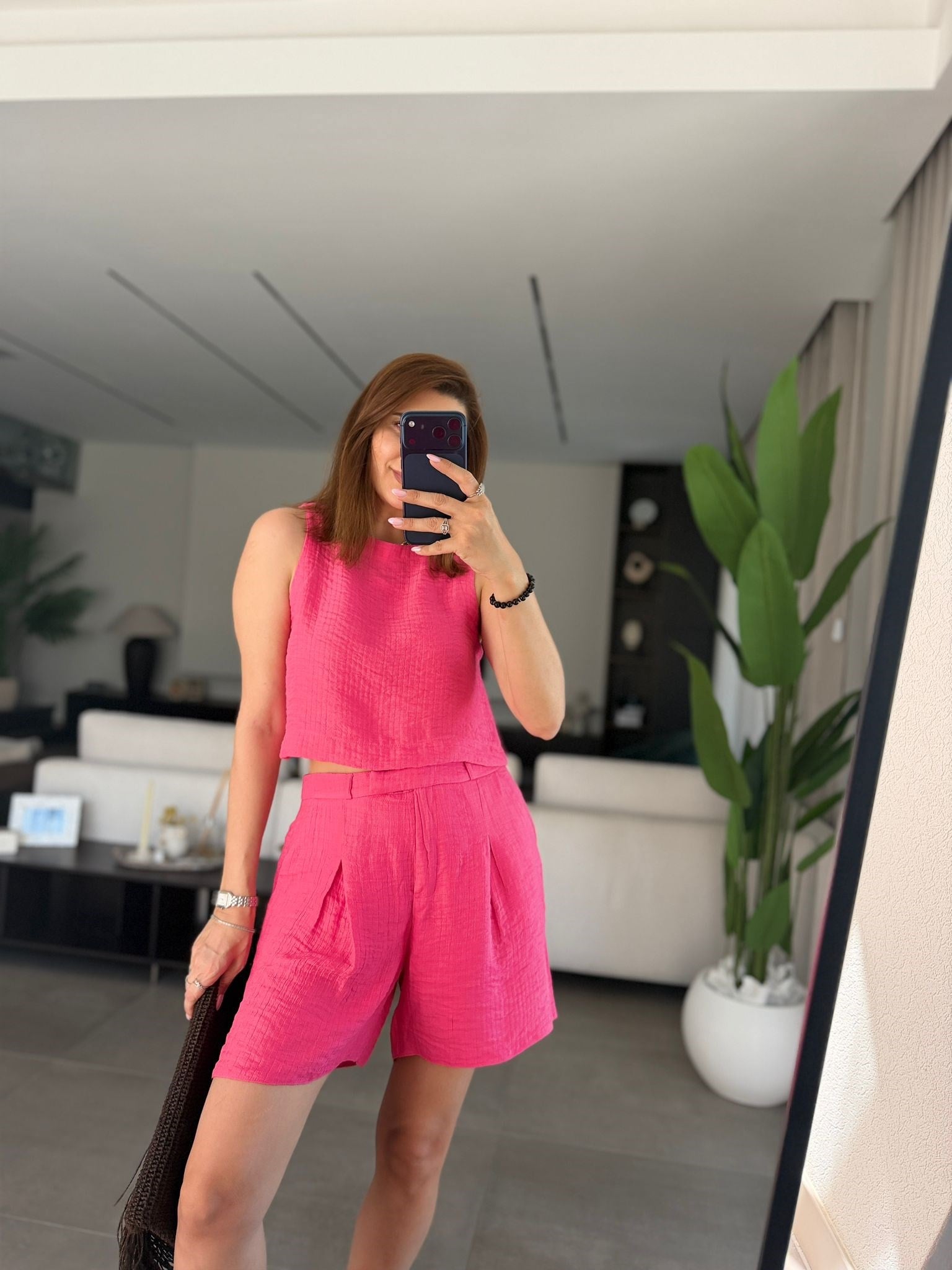 Pembe Kendinden Desenli Şort Takım