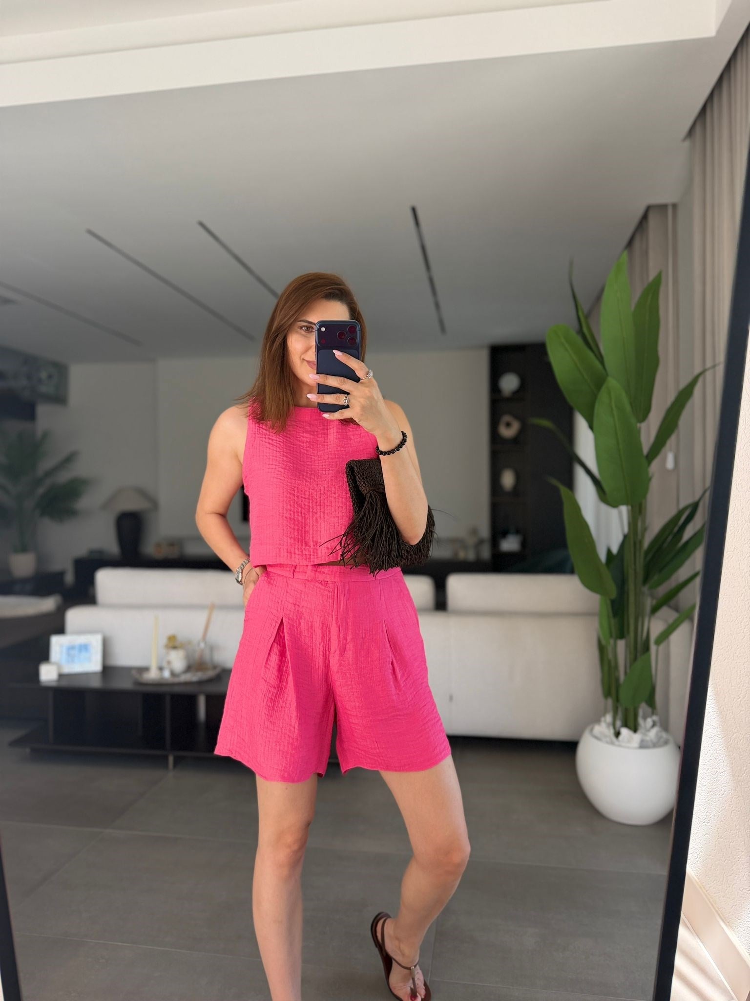 Pembe Kendinden Desenli Şort Takım