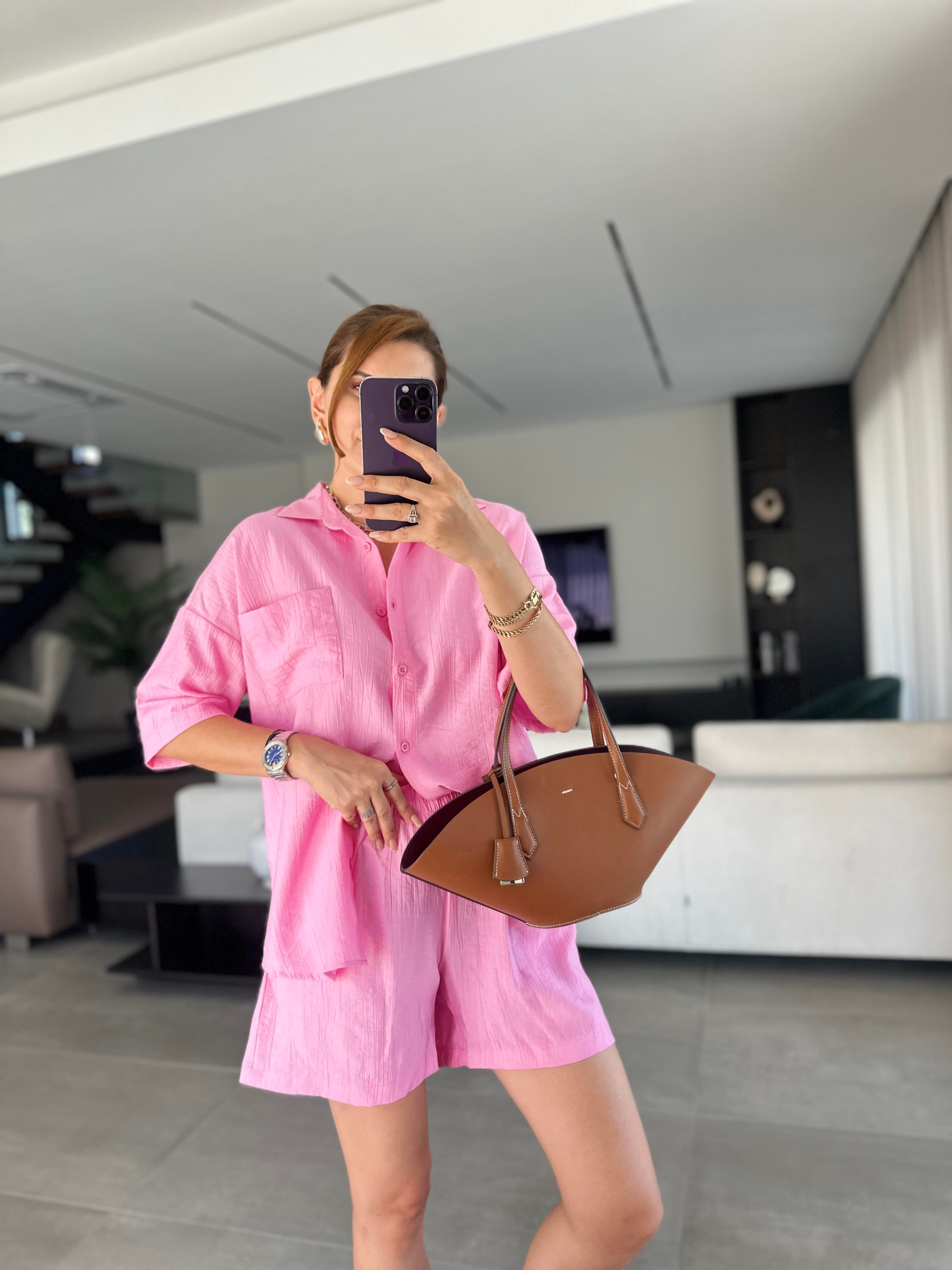 Pembe Licardi Keten Şort Takım
