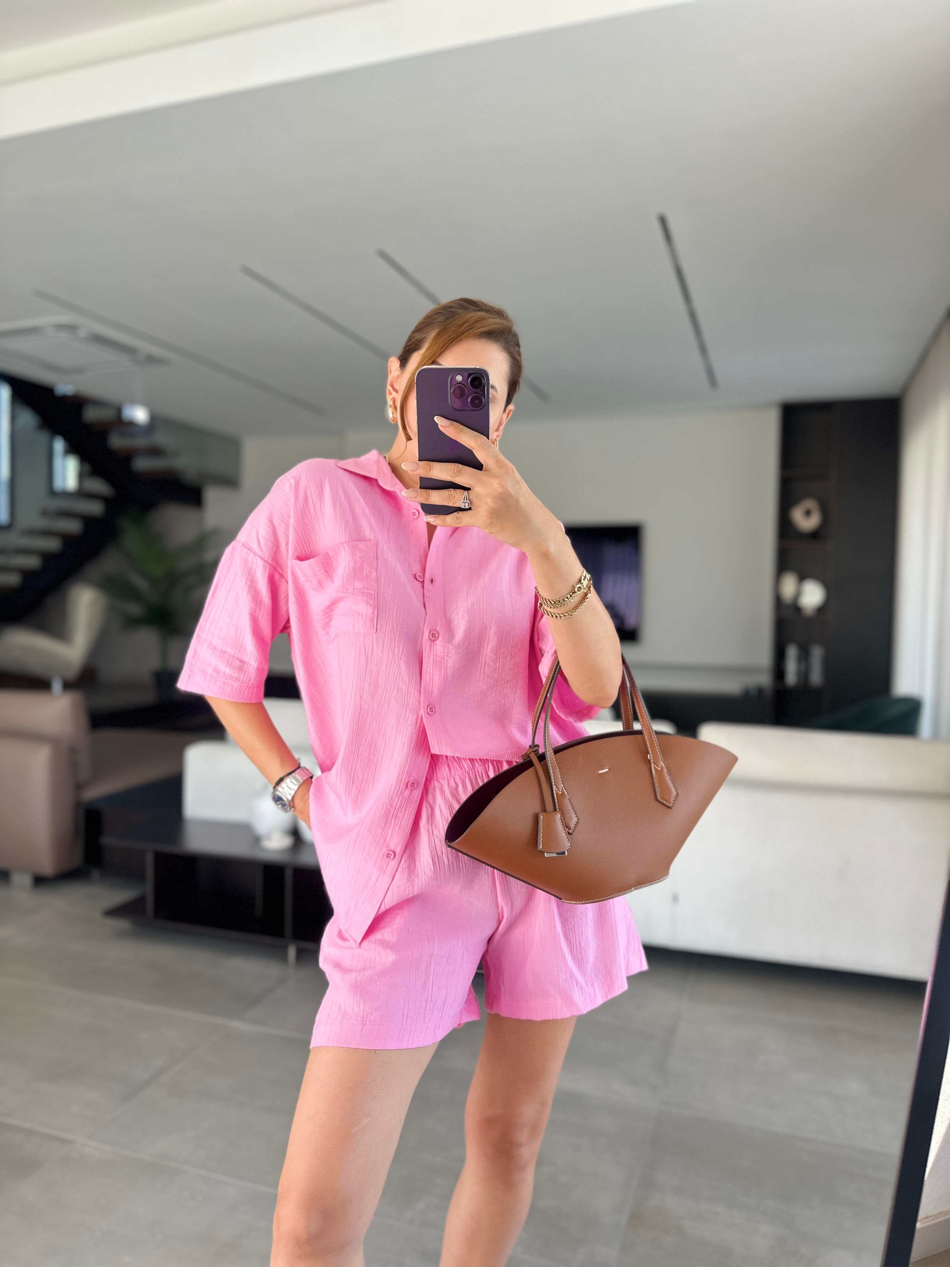 Pembe Licardi Keten Şort Takım
