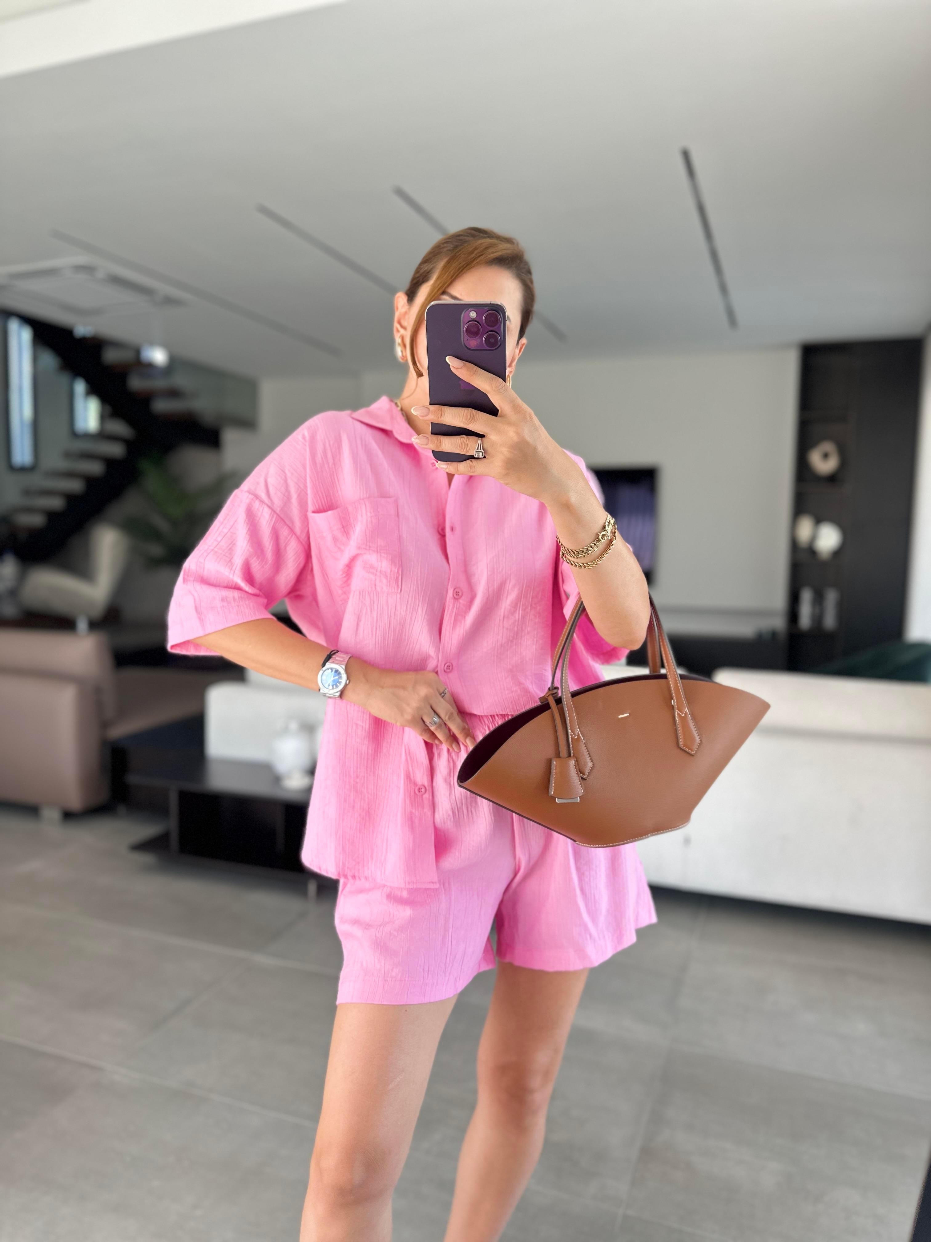 Pembe Licardi Keten Şort Takım
