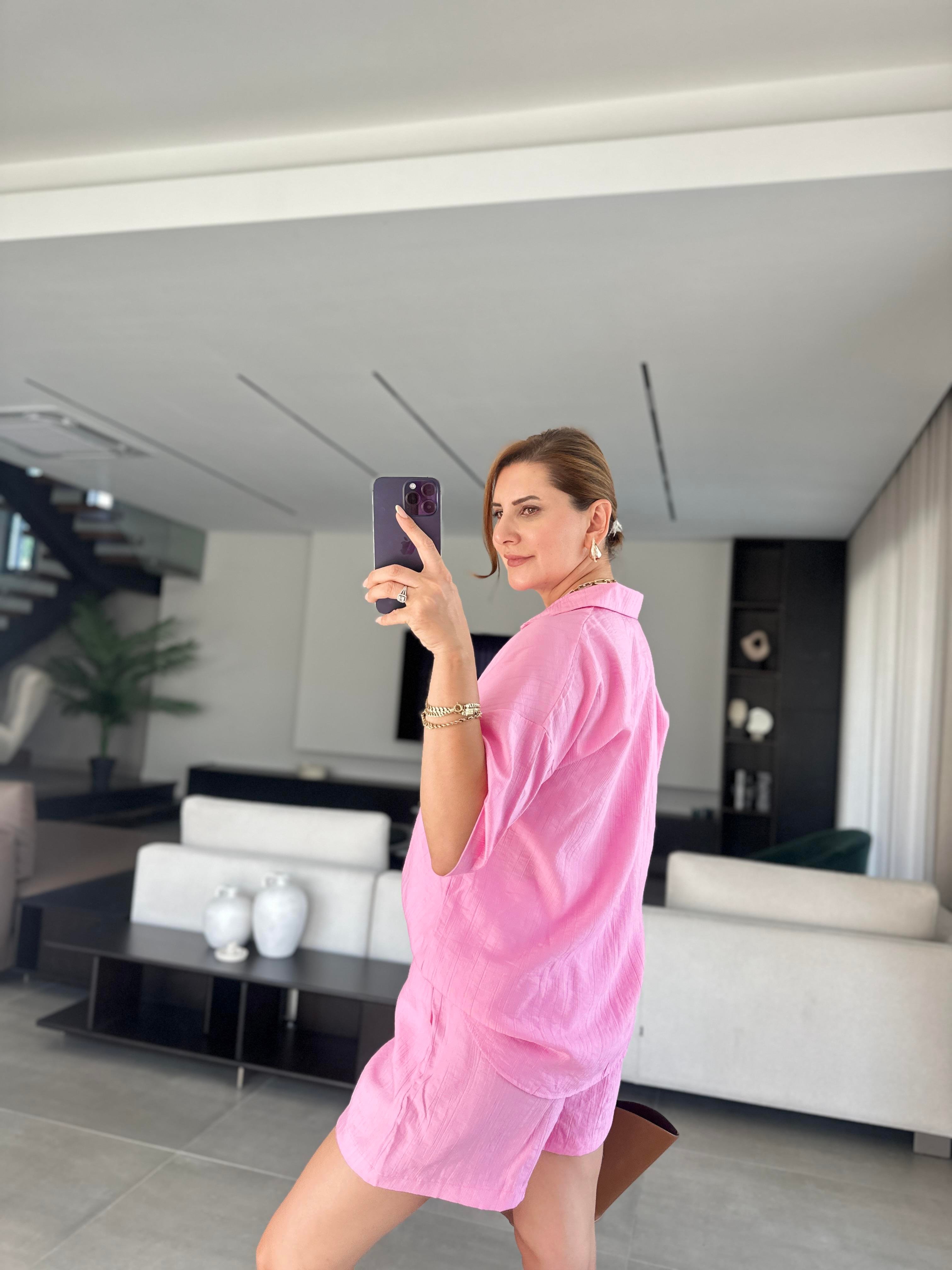 Pembe Licardi Keten Şort Takım