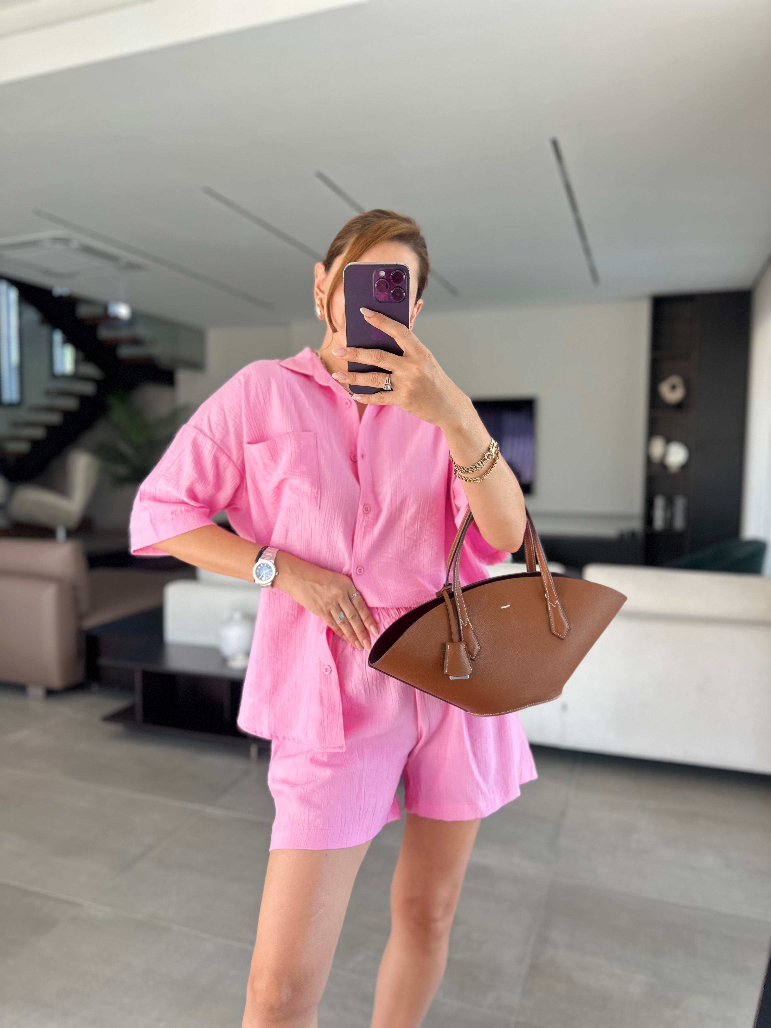 Pembe Licardi Keten Şort Takım