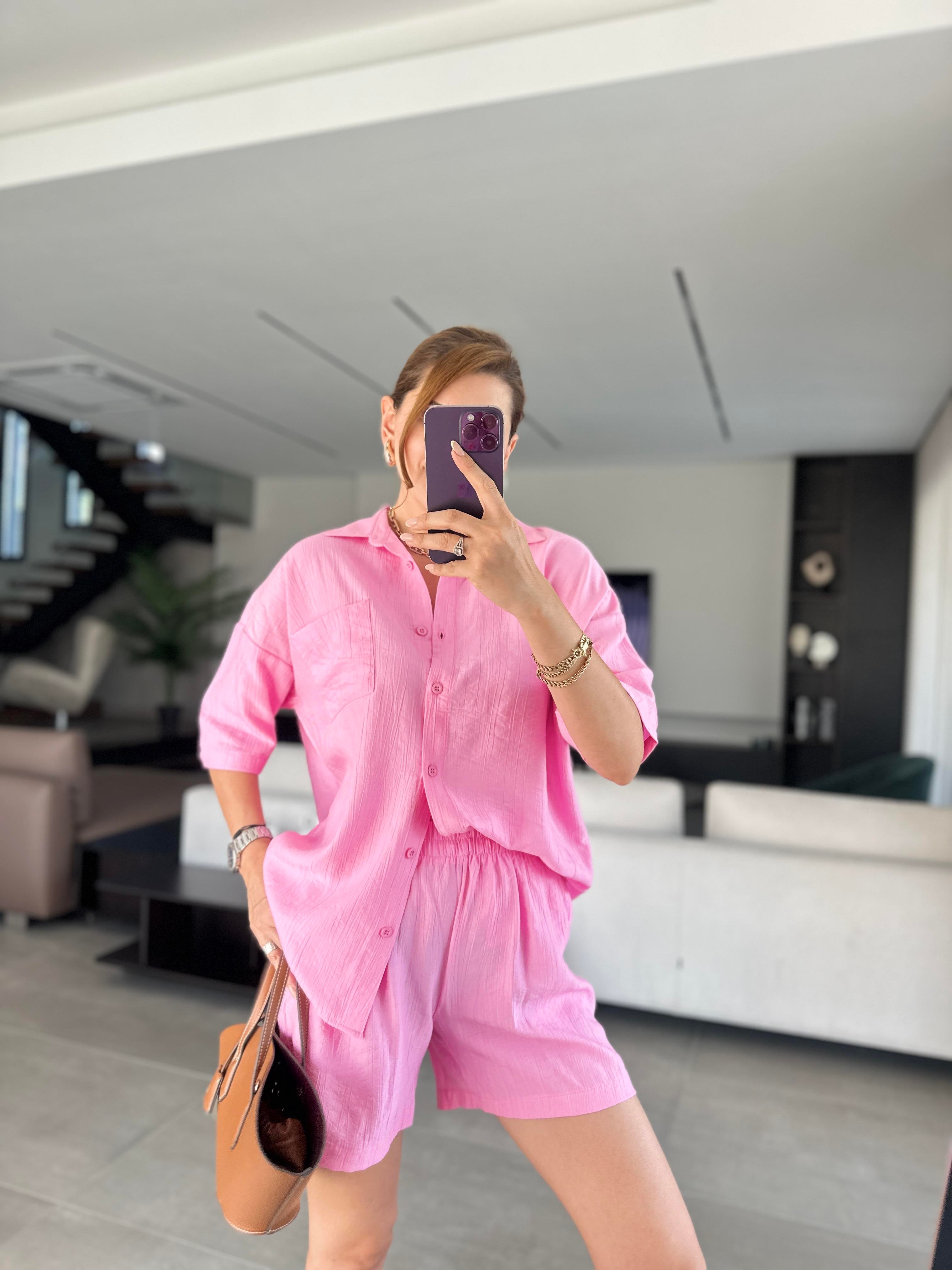 Pembe Licardi Keten Şort Takım