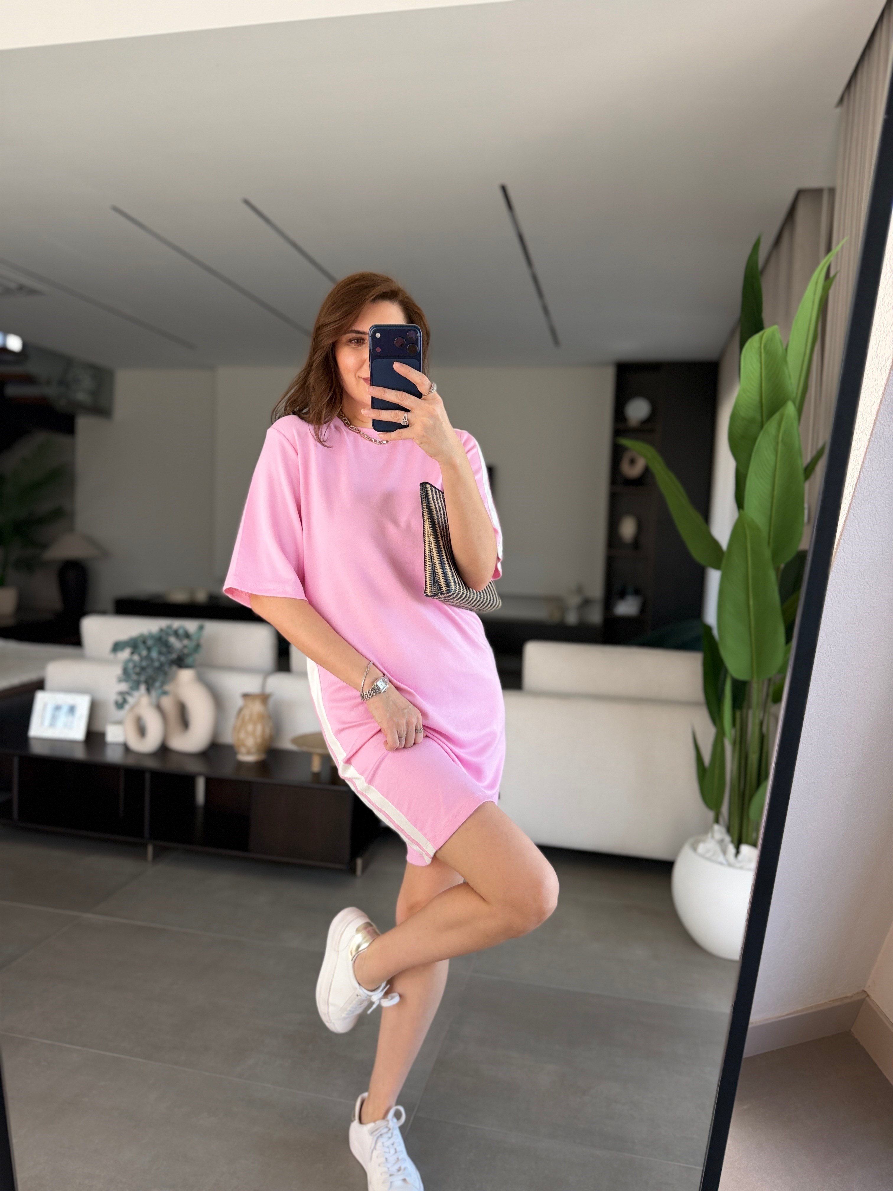 Pembe Modal Şeritli Midi Boy Elbise