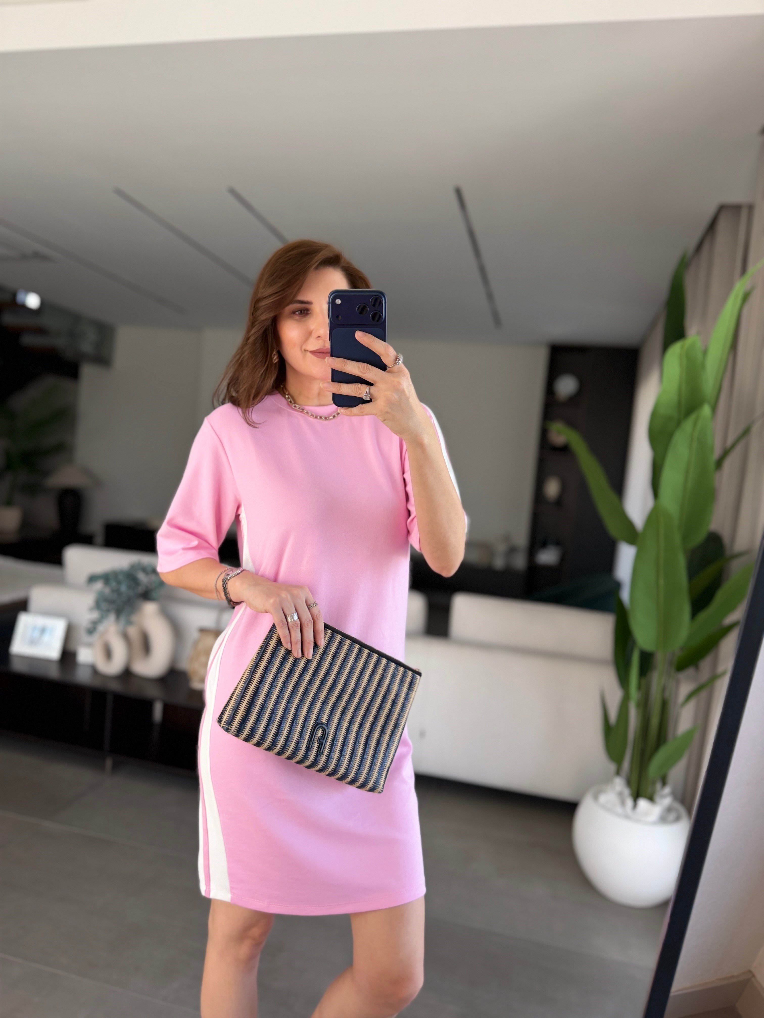 Pembe Modal Şeritli Midi Boy Elbise