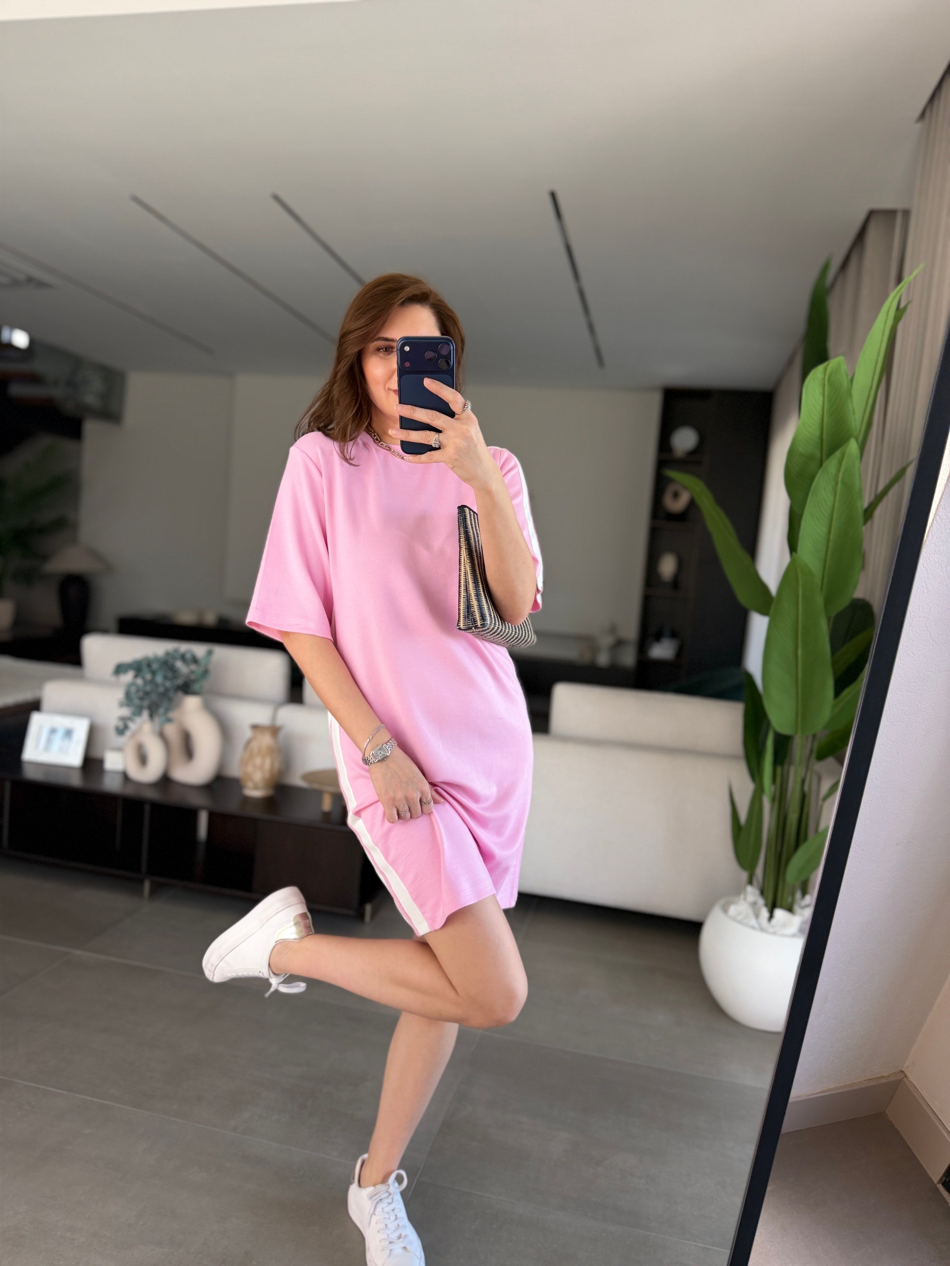 Pembe Modal Şeritli Midi Boy Elbise