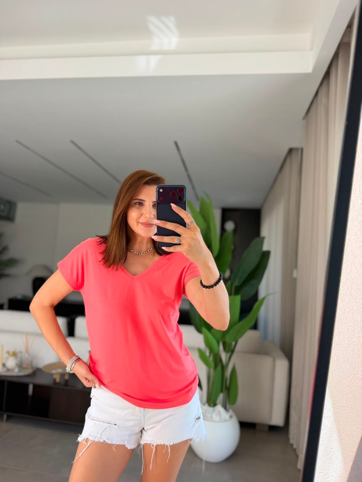 Pembe Ön Ve Arka V Yaka Basic T-shirt