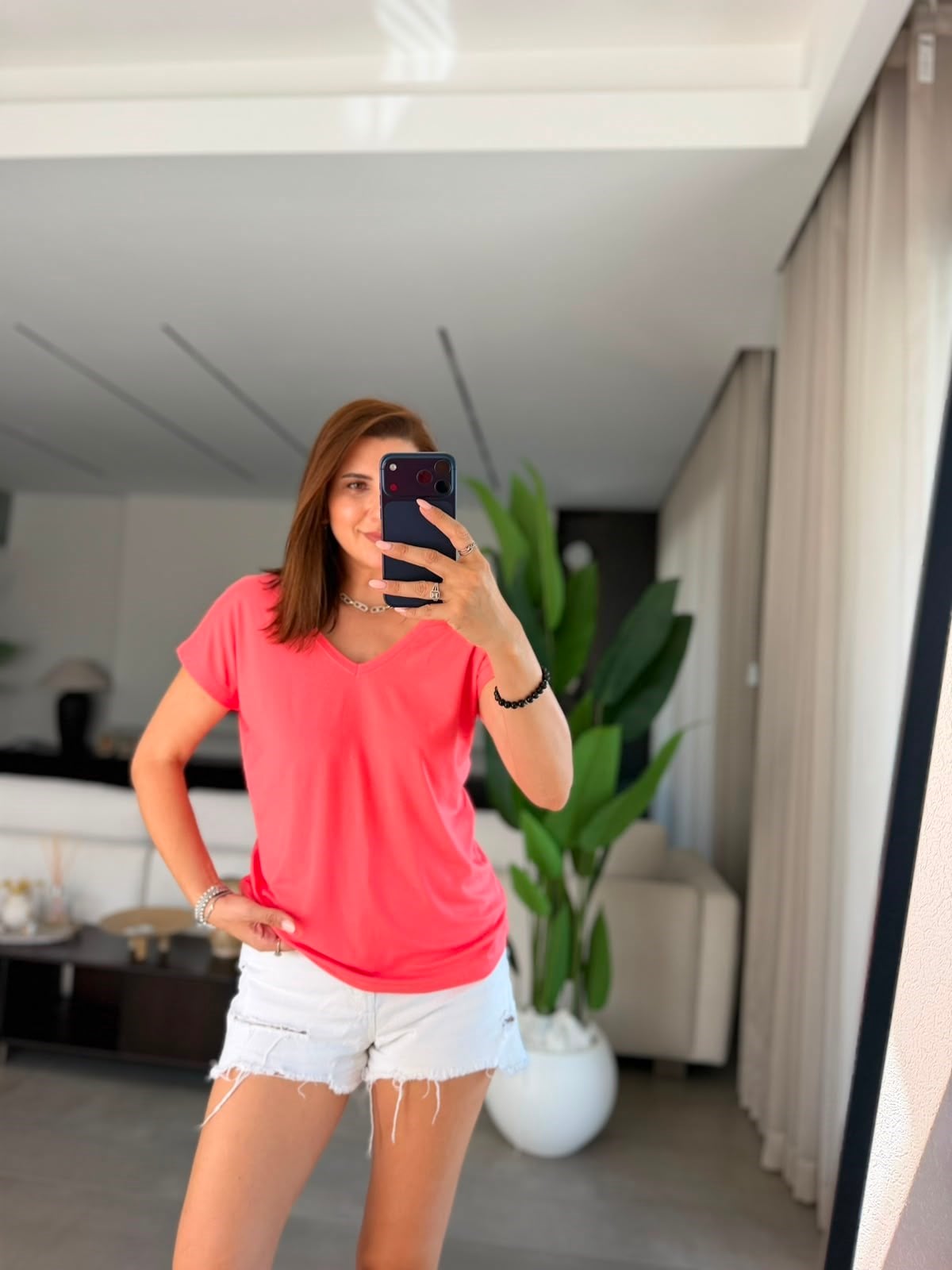 Pembe Ön Ve Arka V Yaka Basic T-shirt