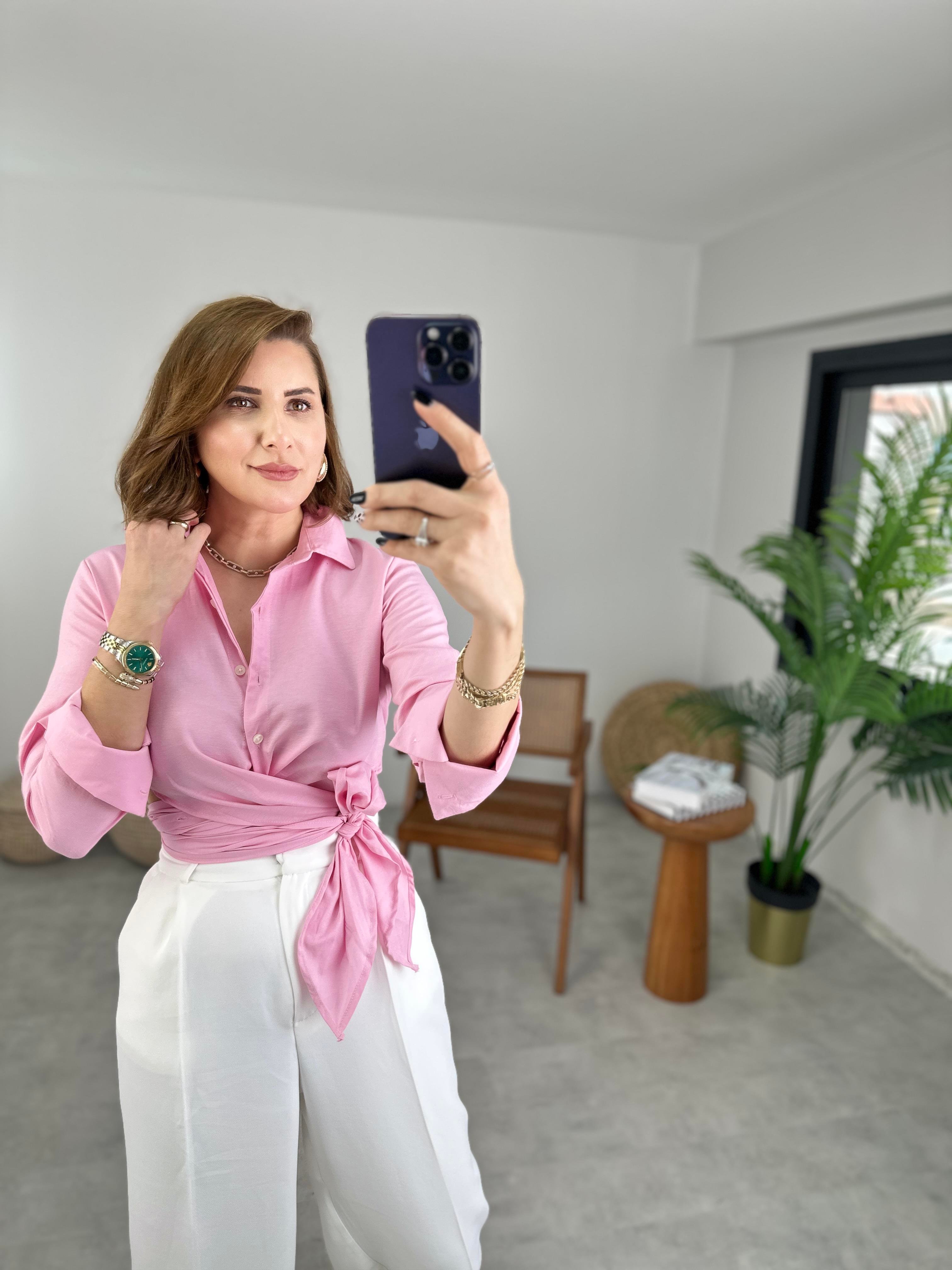 Pembe Önü Bağlamalı Gömlek
