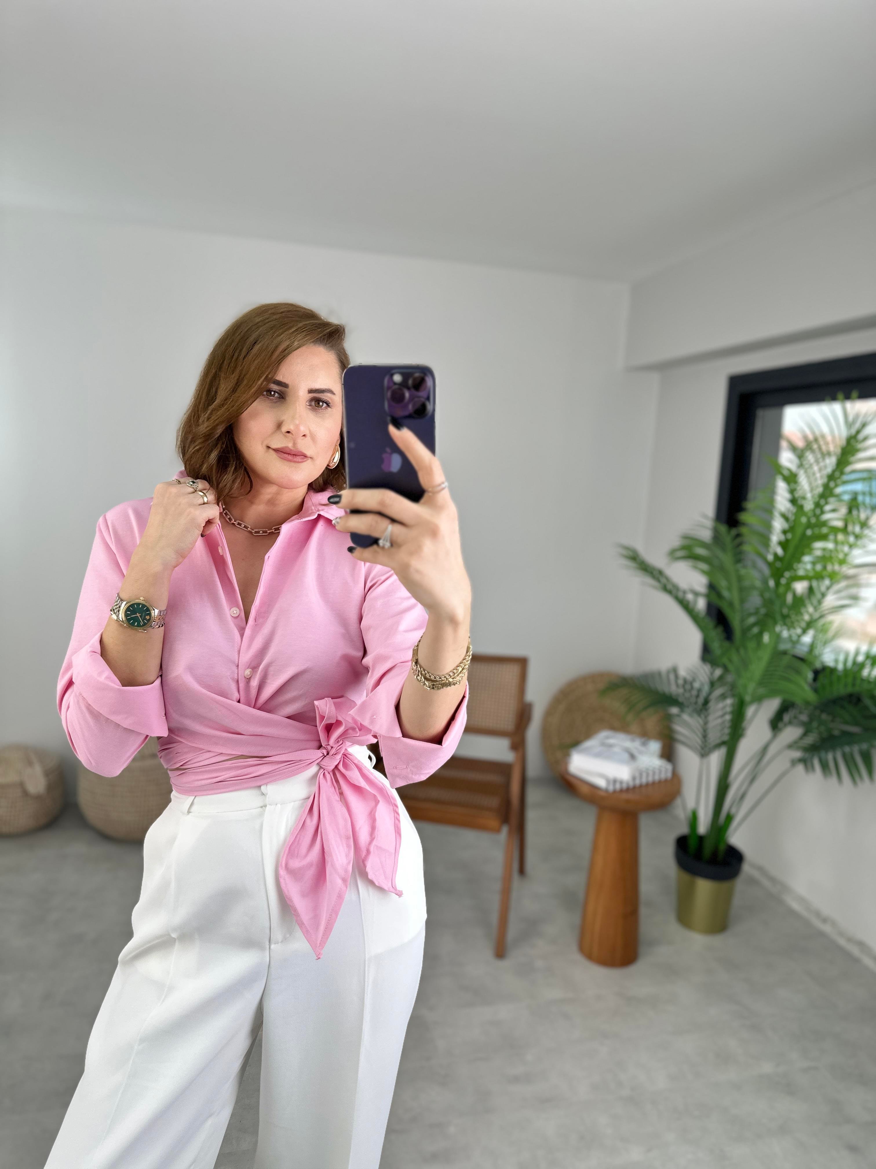 Pembe Önü Bağlamalı Gömlek