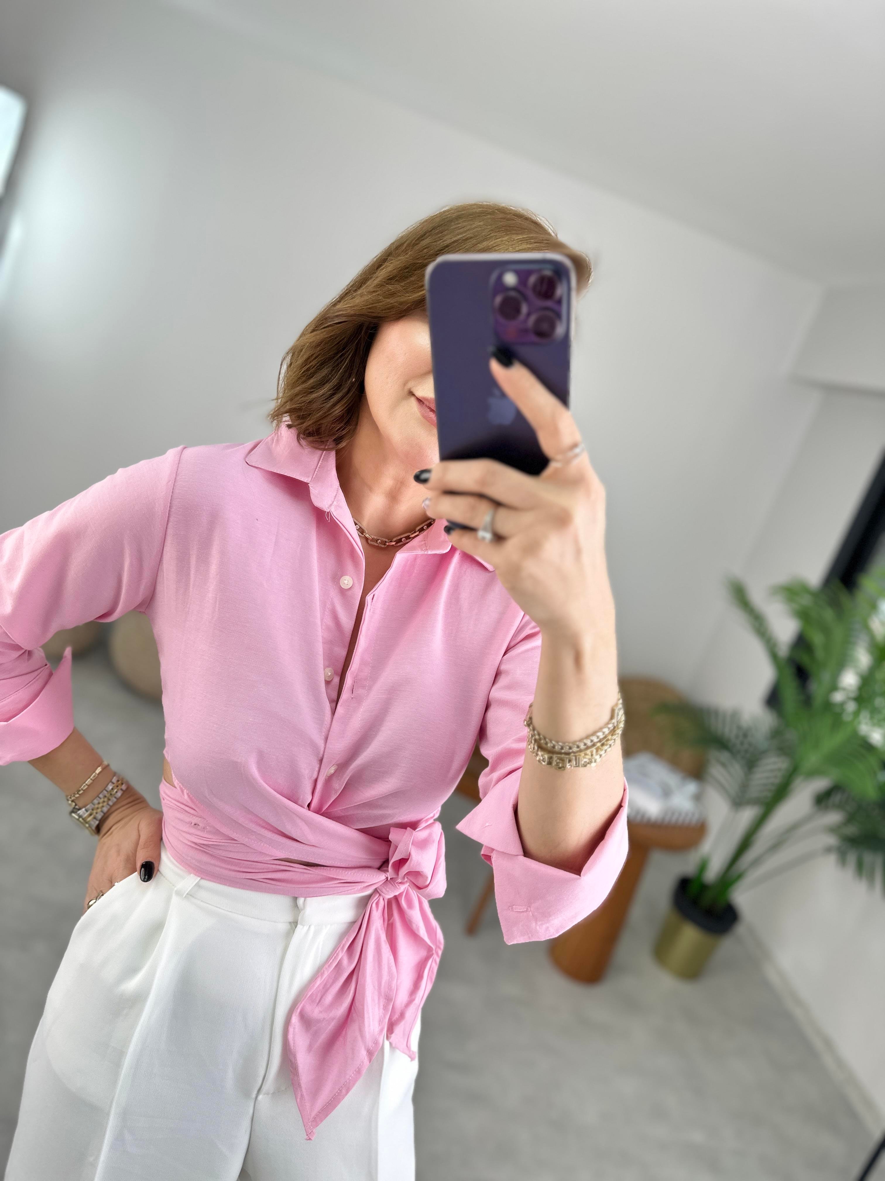 Pembe Önü Bağlamalı Gömlek