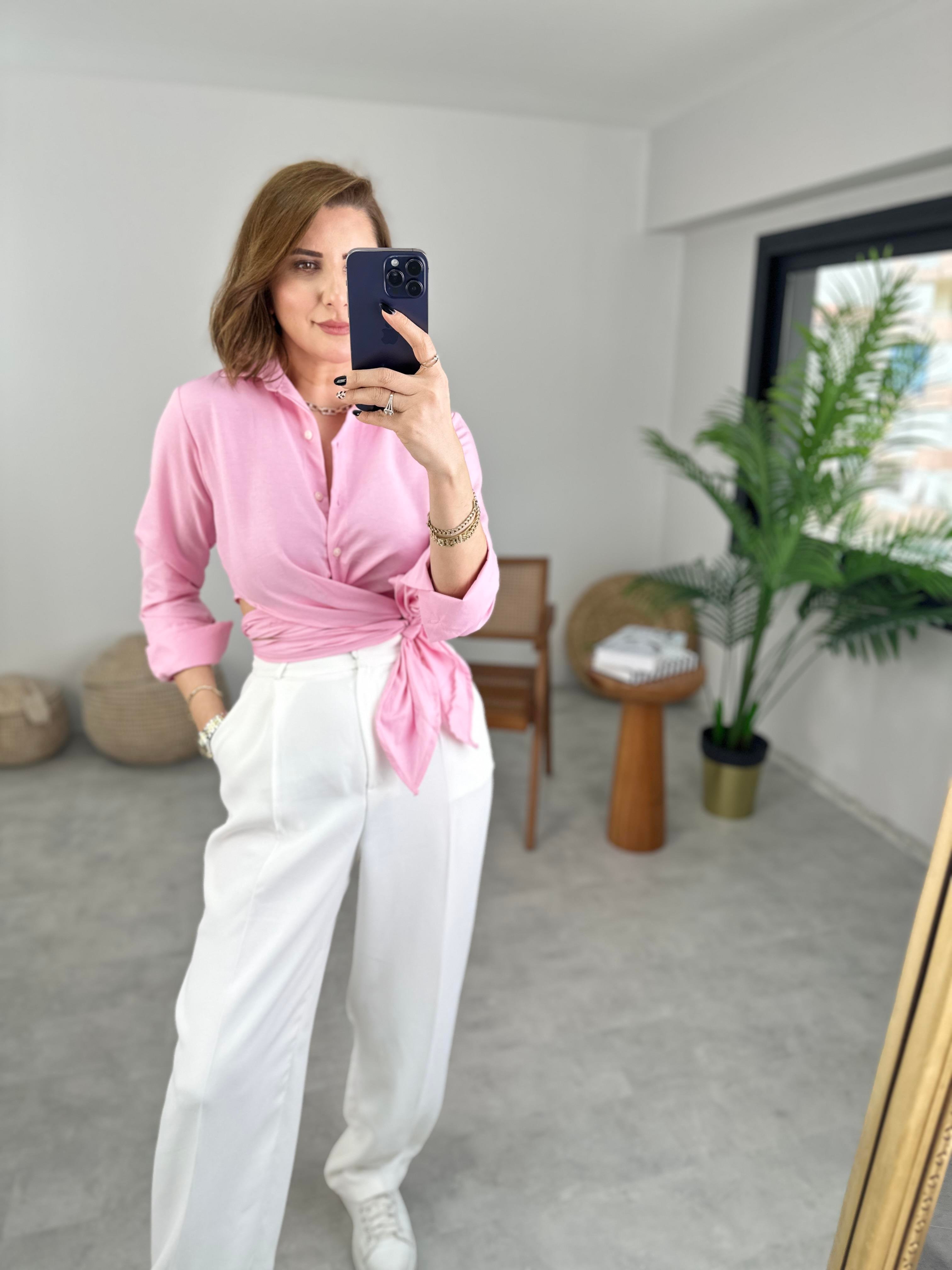 Pembe Önü Bağlamalı Gömlek