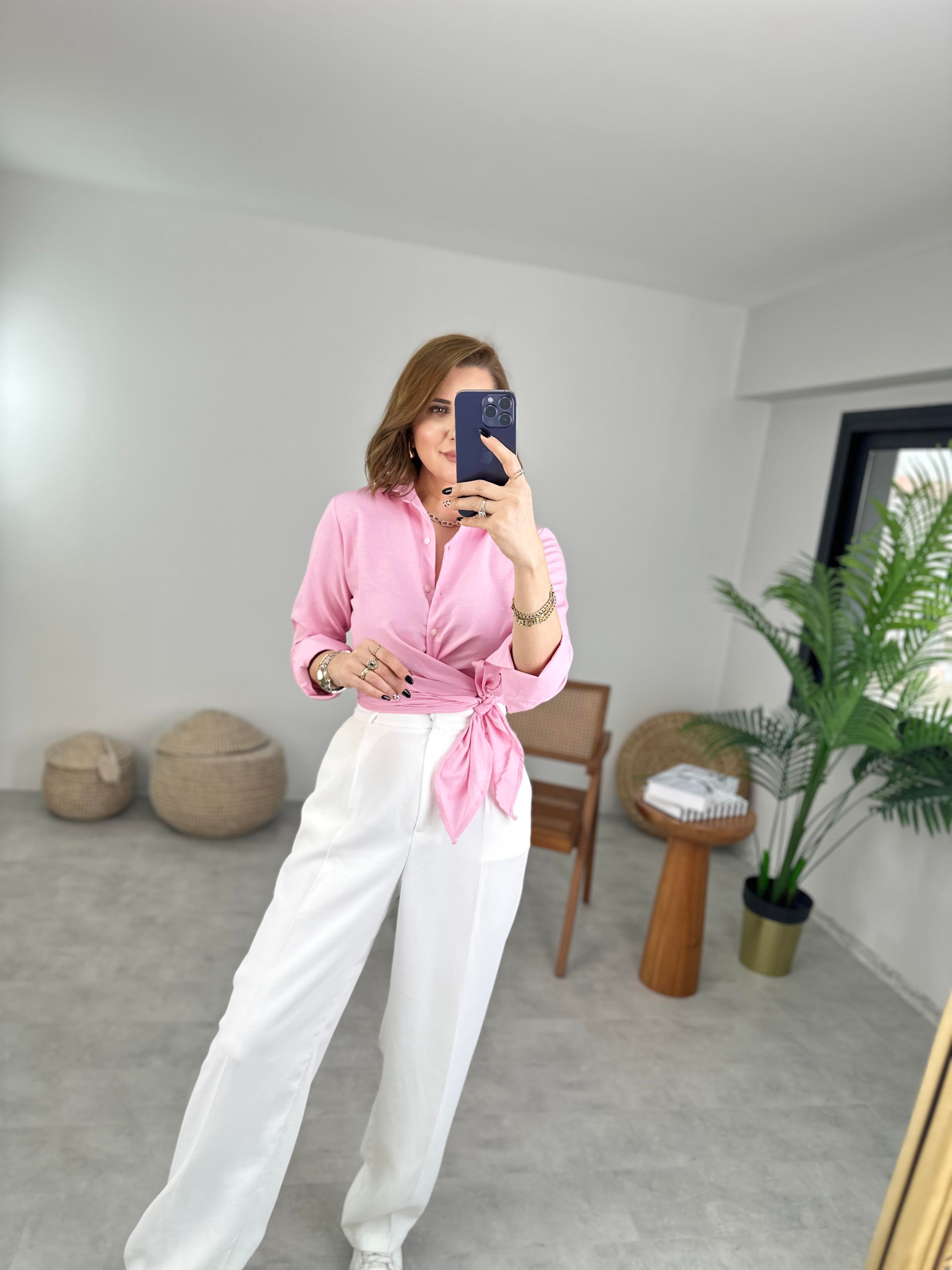 Pembe Önü Bağlamalı Gömlek