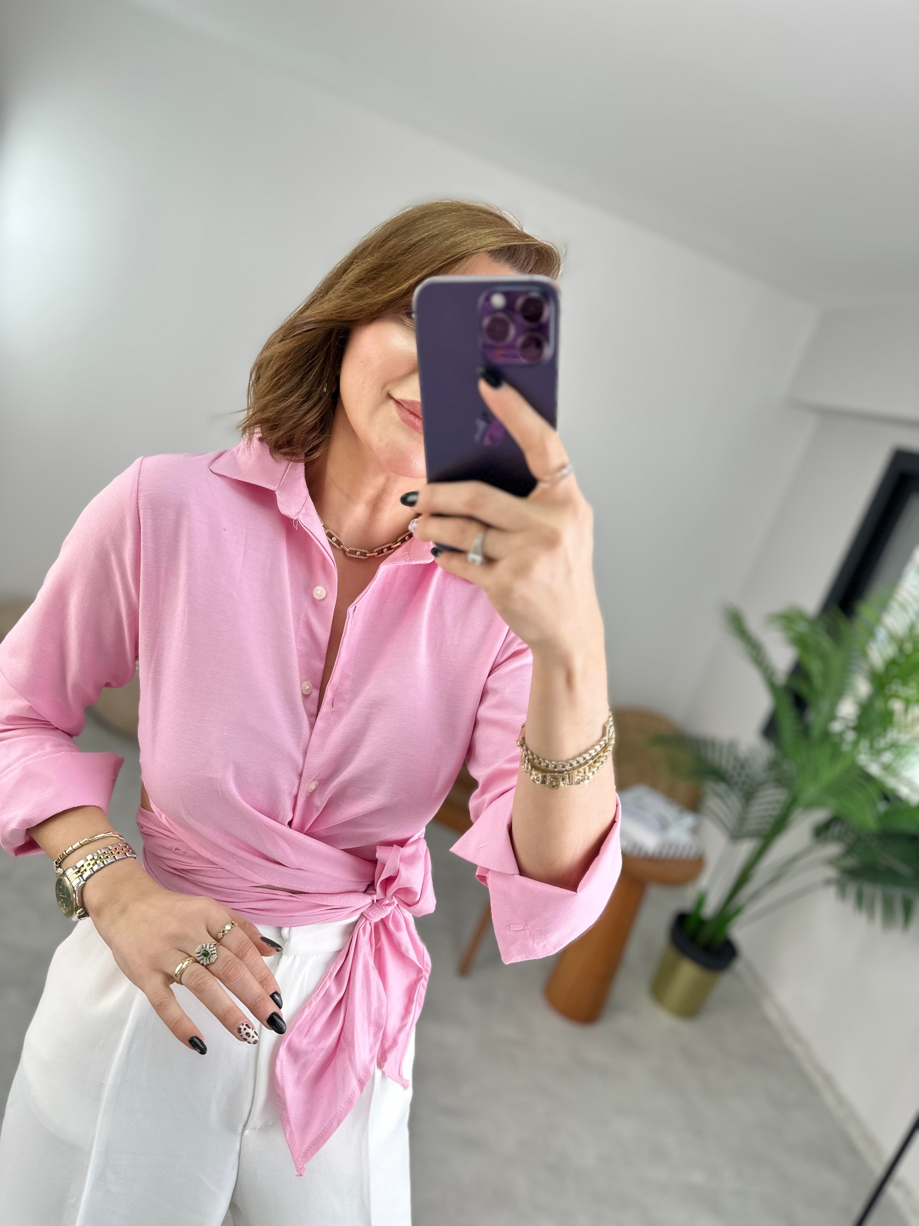 Pembe Önü Bağlamalı Gömlek