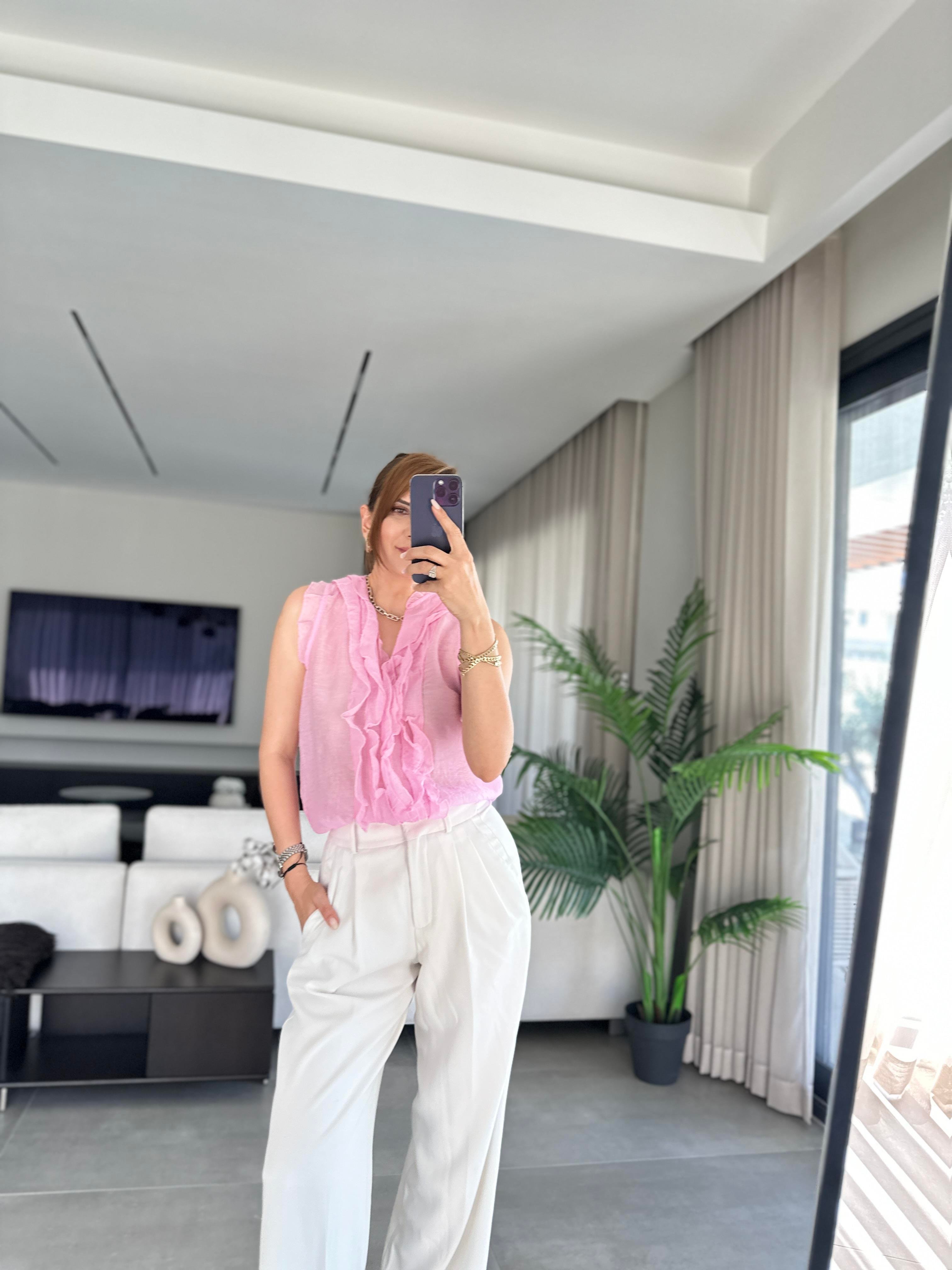 Pembe Önü Fırfırlı Bluz