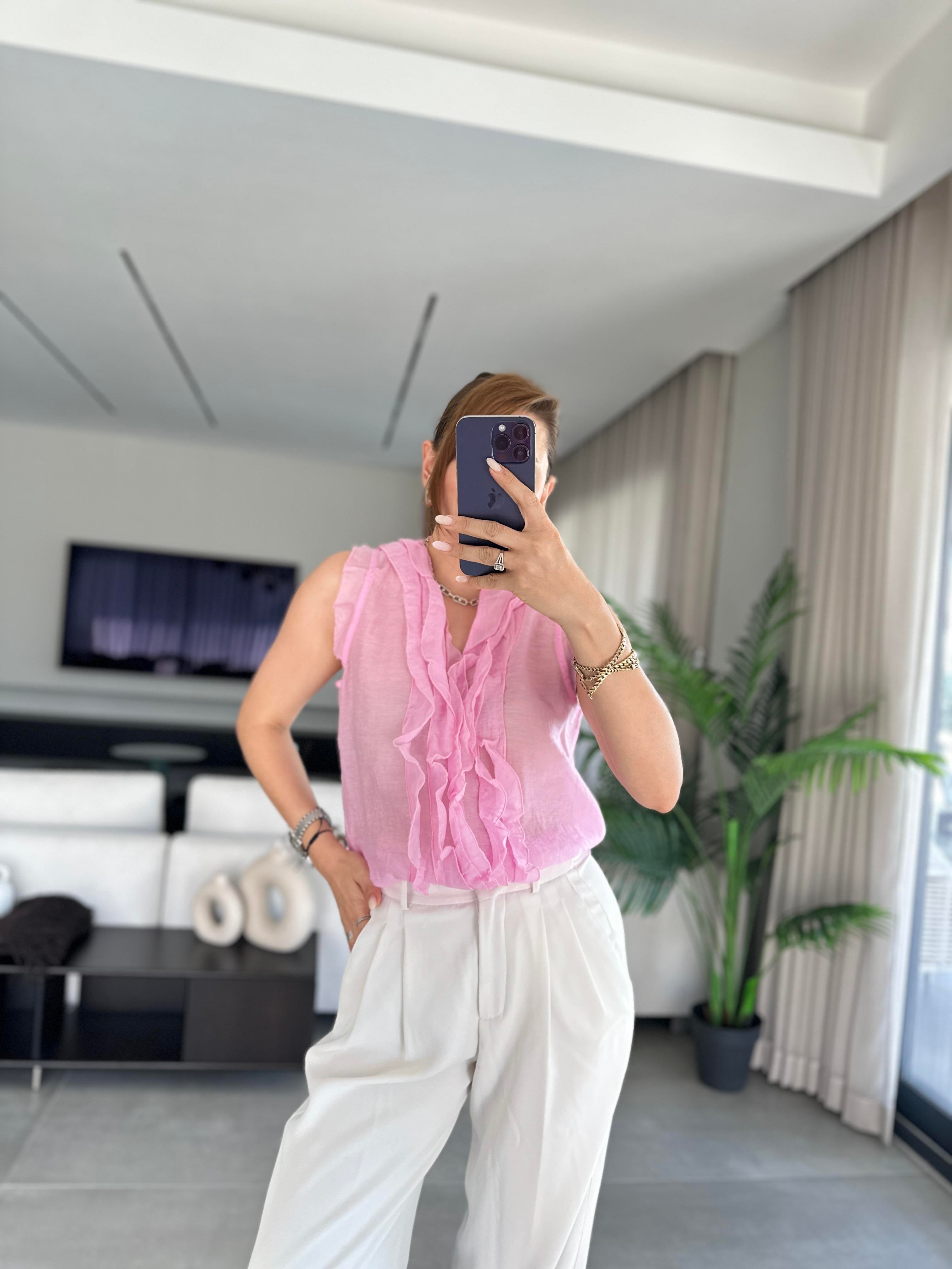 Pembe Önü Fırfırlı Bluz