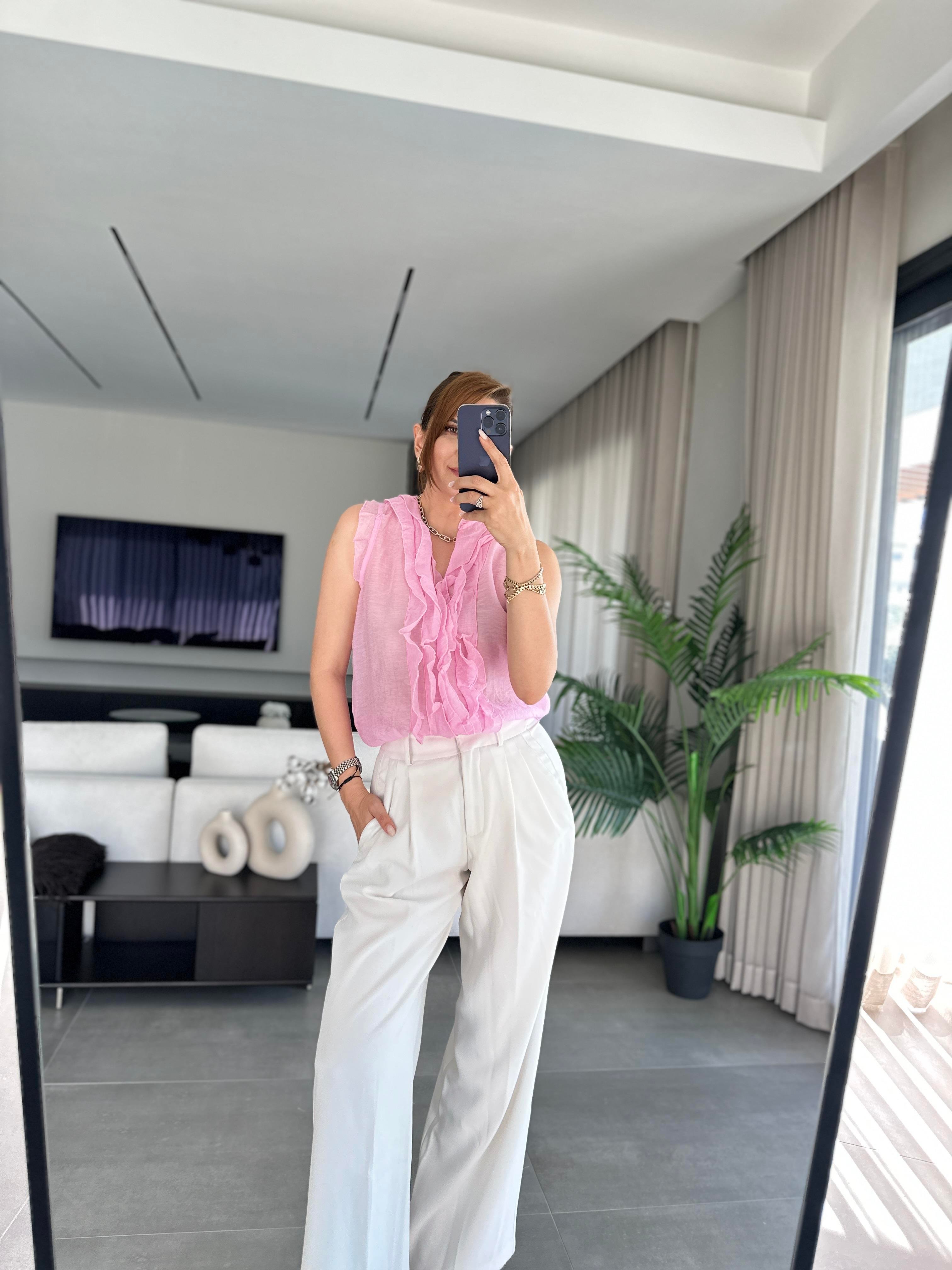 Pembe Önü Fırfırlı Bluz