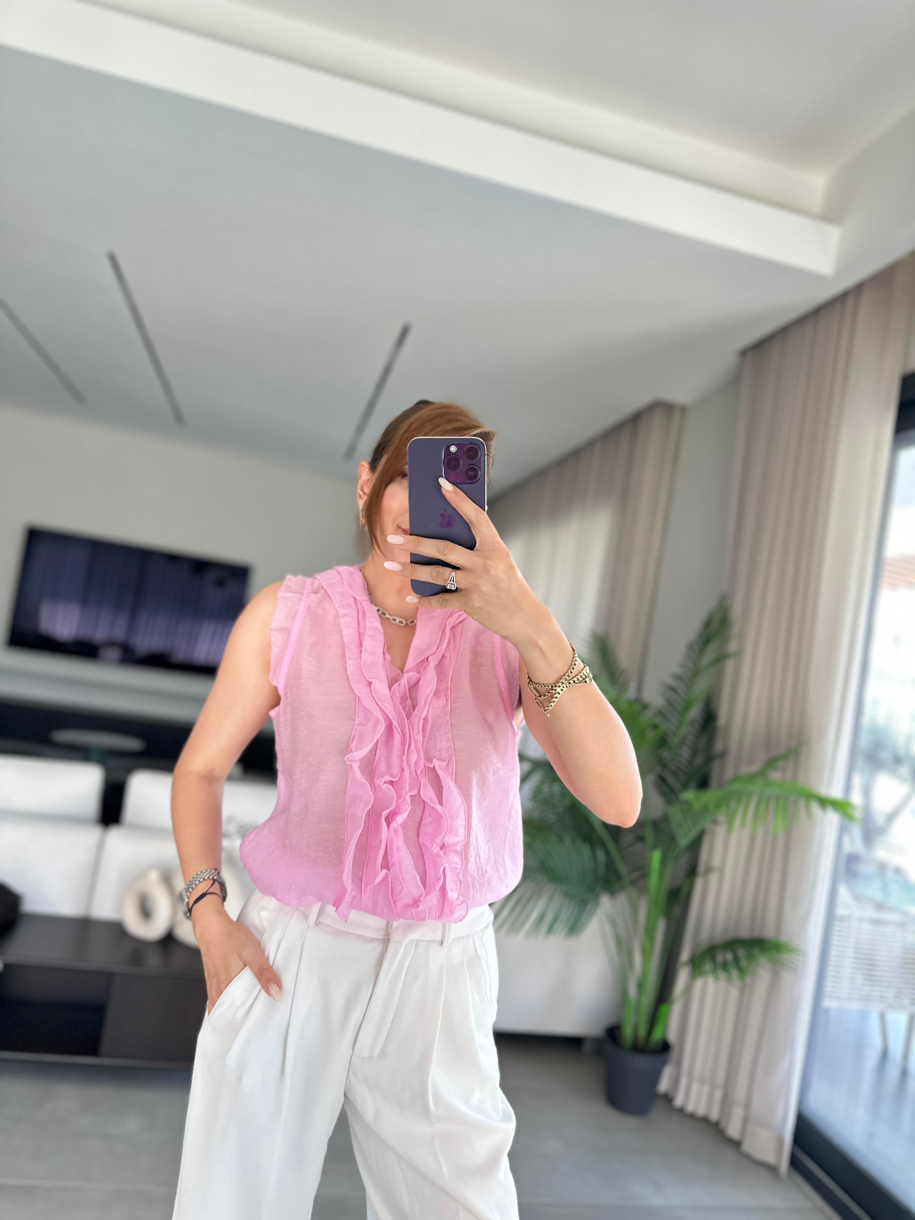 Pembe Önü Fırfırlı Bluz