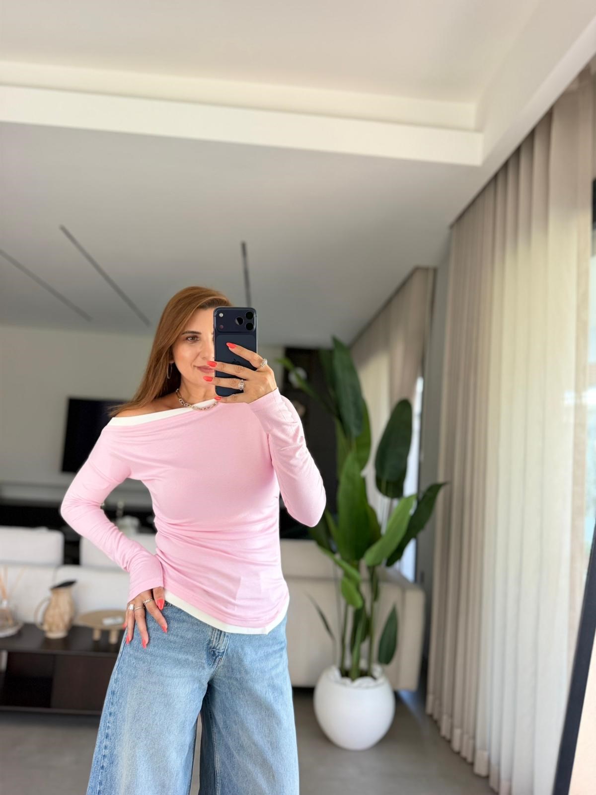 Pembe Paris Kontrast Biyeli Bluz