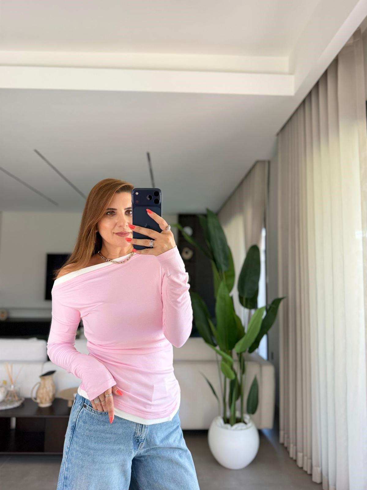Pembe Paris Kontrast Biyeli Bluz