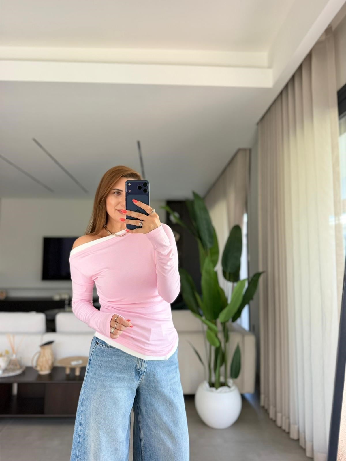 Pembe Paris Kontrast Biyeli Bluz