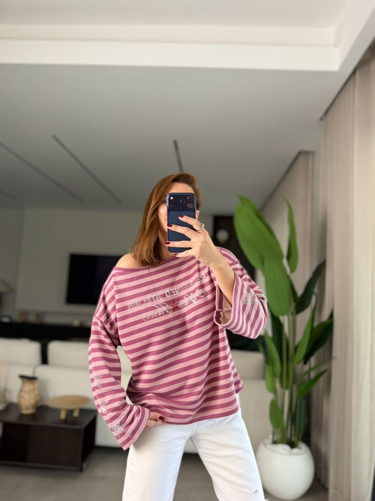 Pembe  Pırıltı Çizgi Sweatshırt
