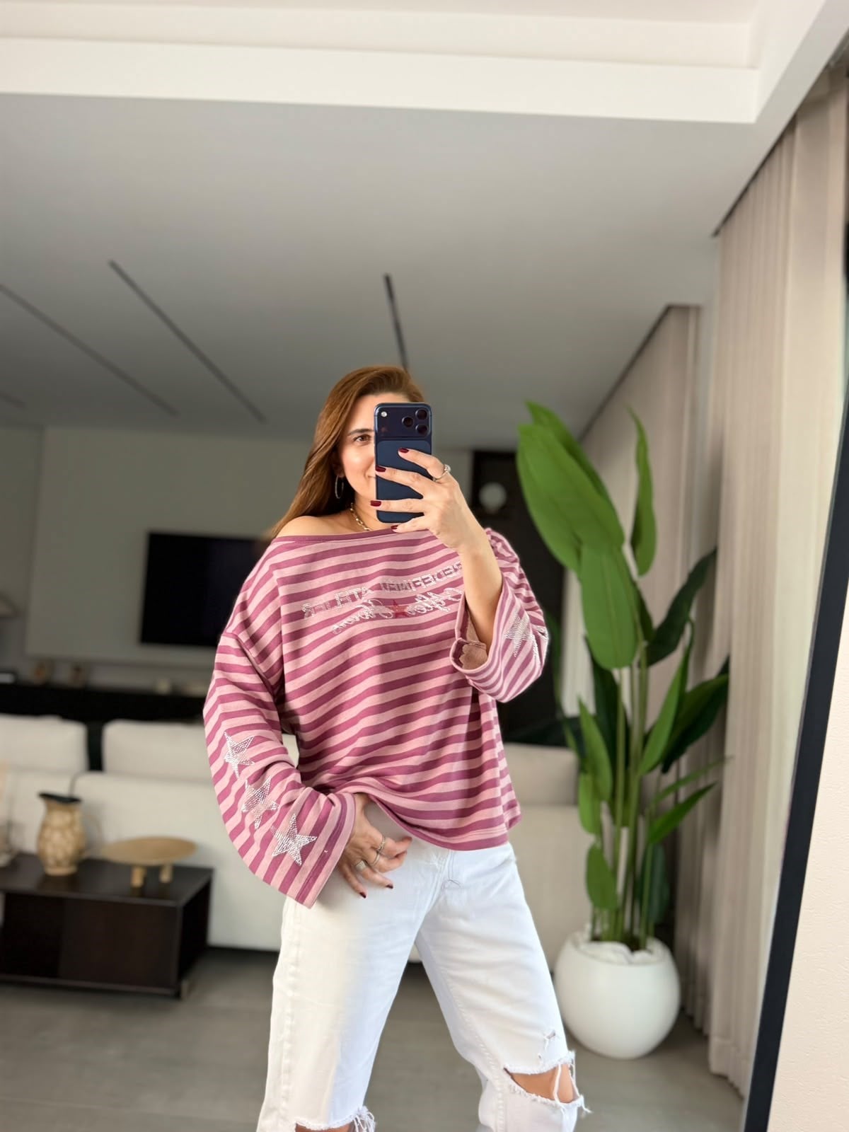 Pembe  Pırıltı Çizgi Sweatshırt