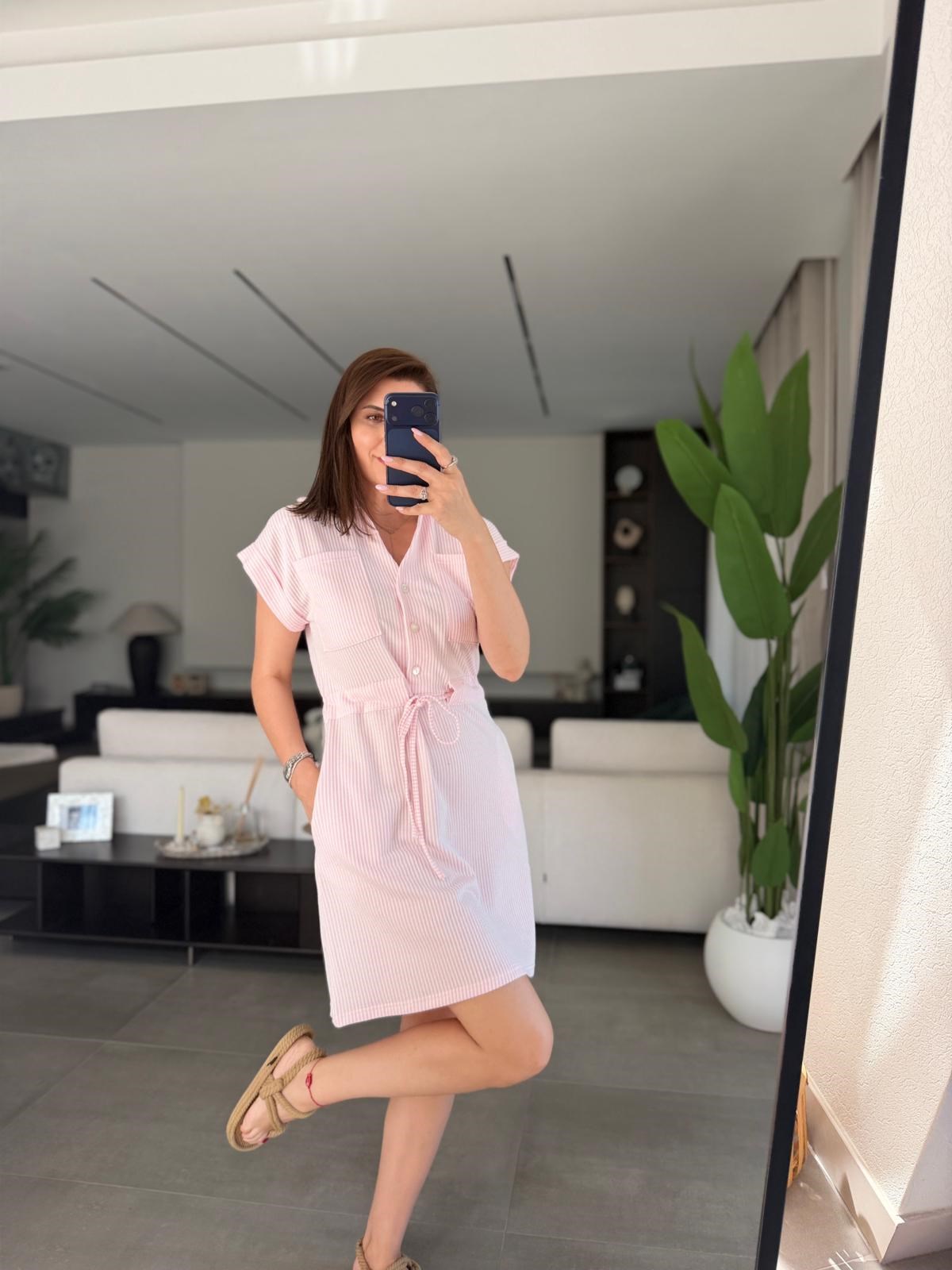 Pembe Polo Yaka Çizgili Elbise