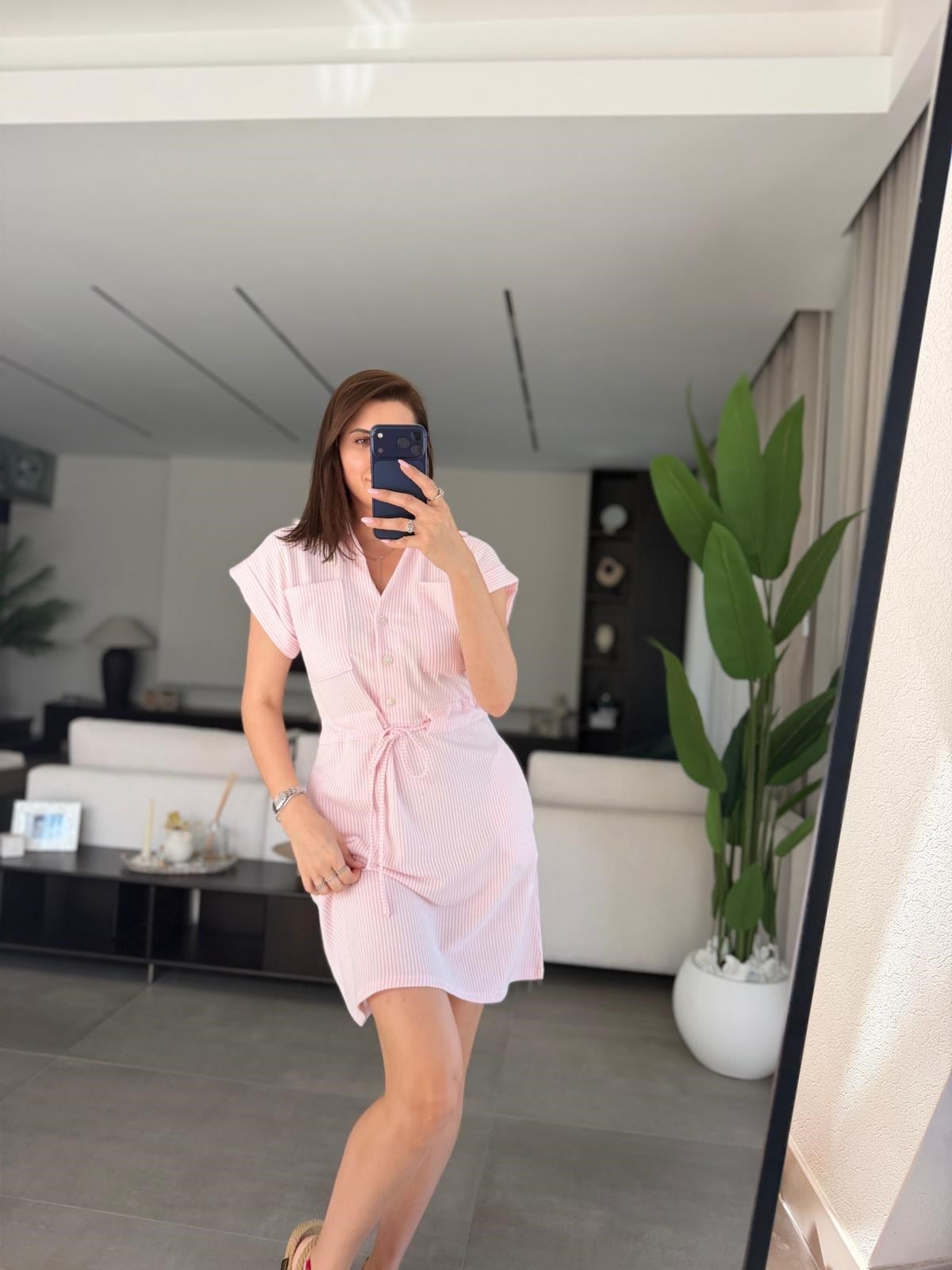Pembe Polo Yaka Çizgili Elbise