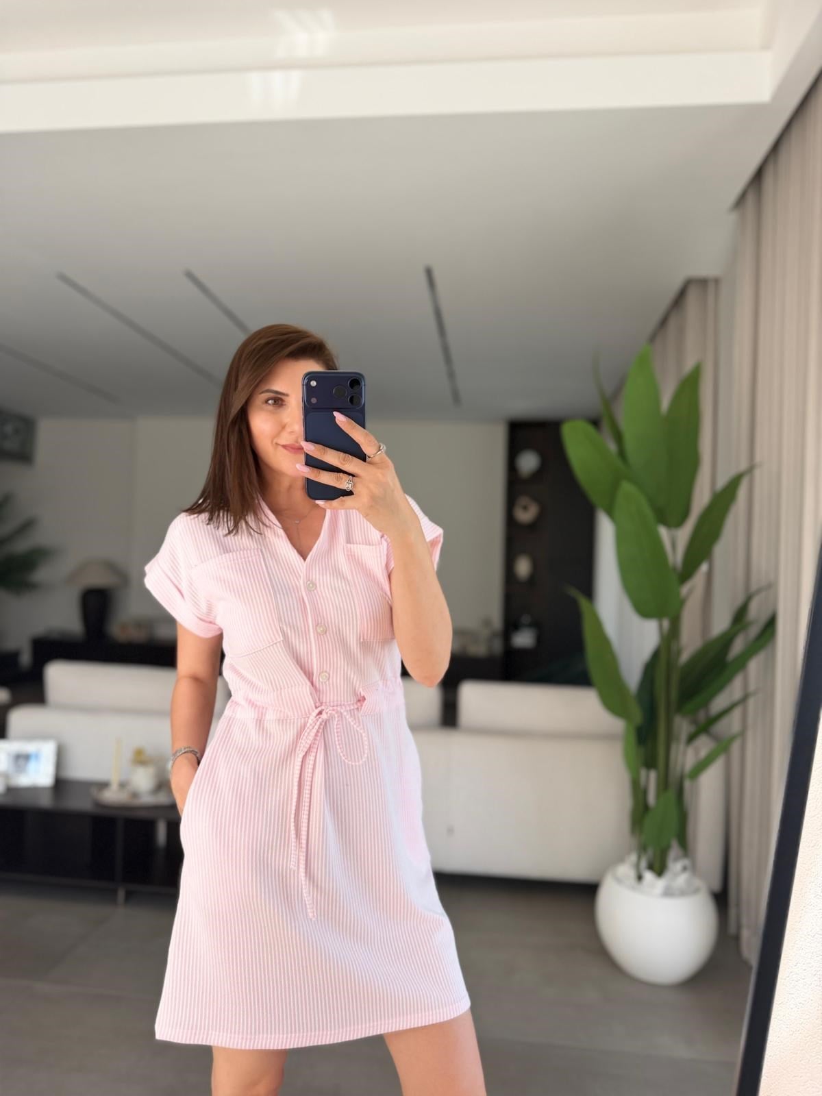 Pembe Polo Yaka Çizgili Elbise