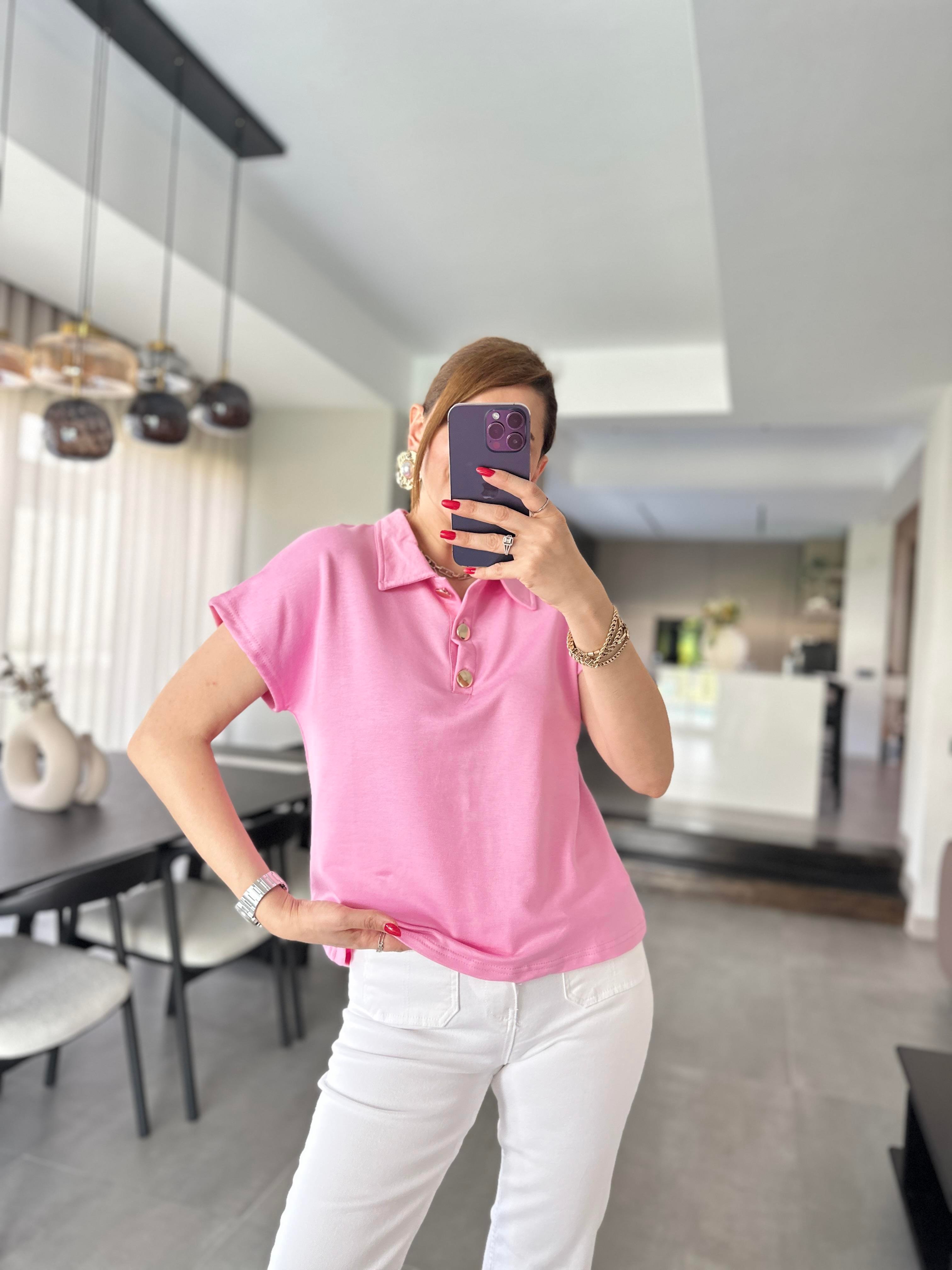 Pembe Polo Yaka Gold Düğmeli T-shirt