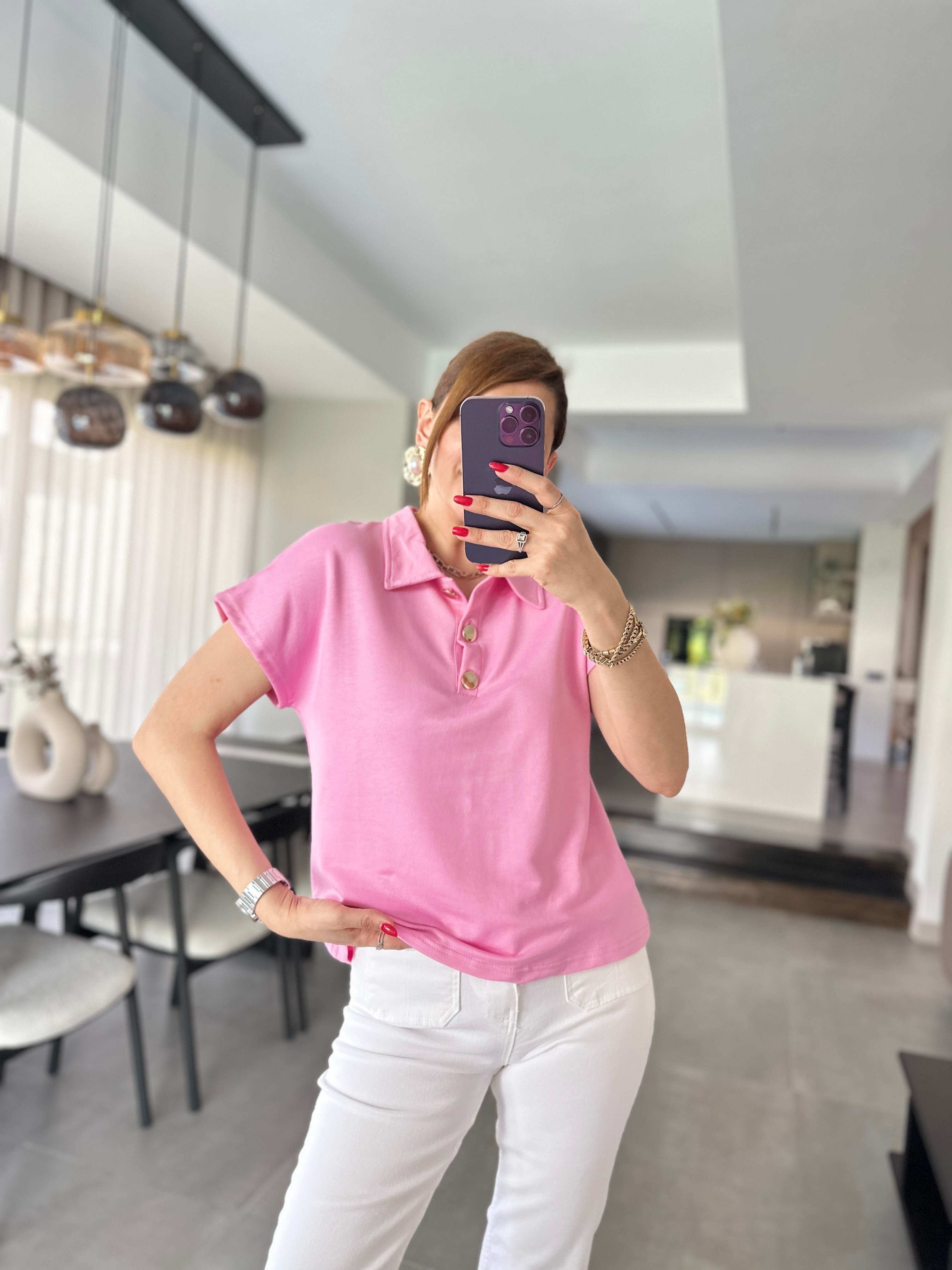 Pembe Polo Yaka Gold Düğmeli T-shirt