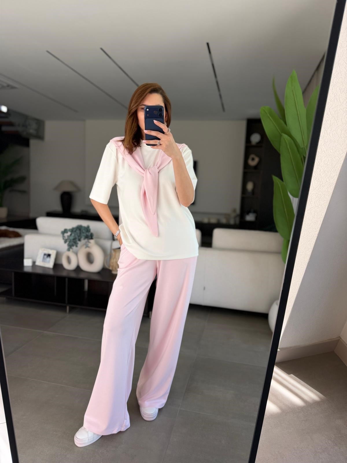 Pembe Şal Görünümlü Tshırt Pantolon Takım