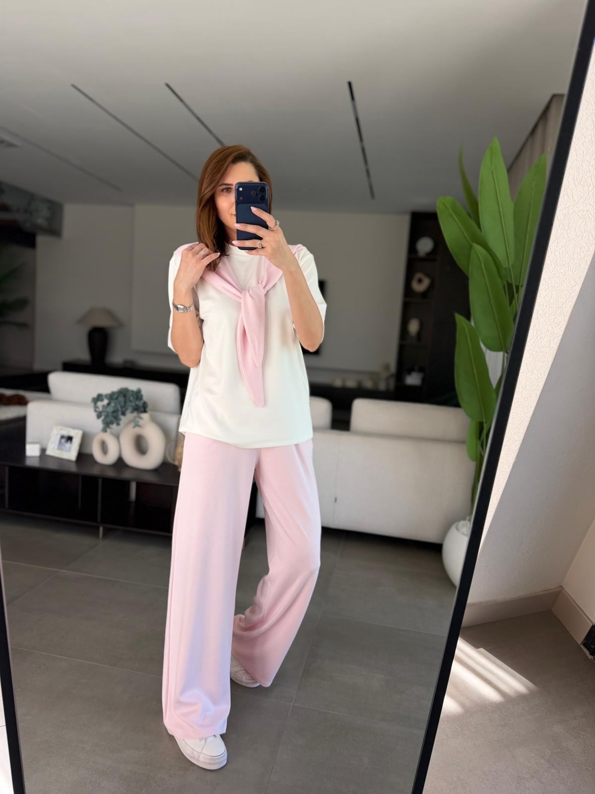 Pembe Şal Görünümlü Tshırt Pantolon Takım
