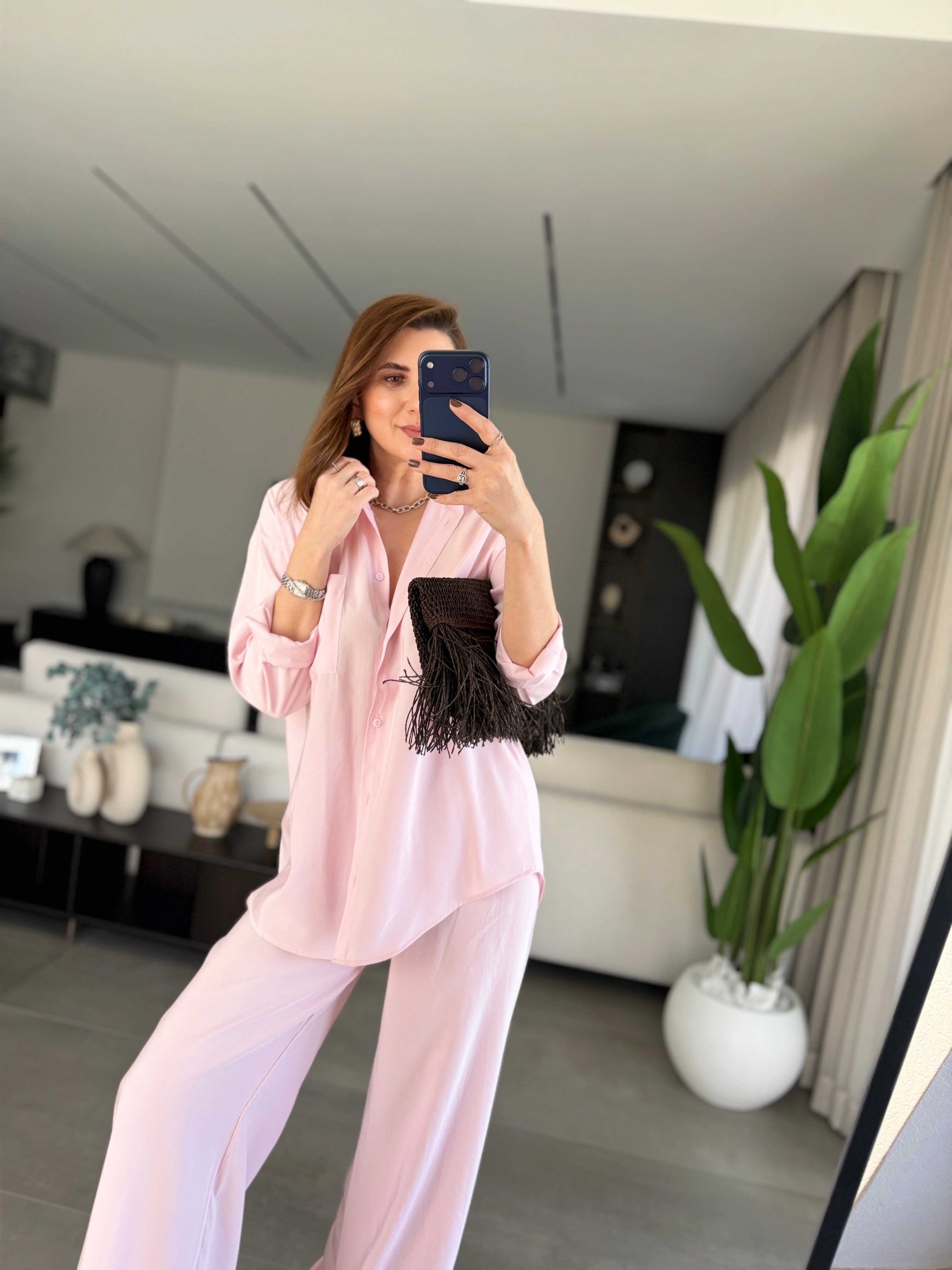 Pembe Salaş Gömlek Takım
