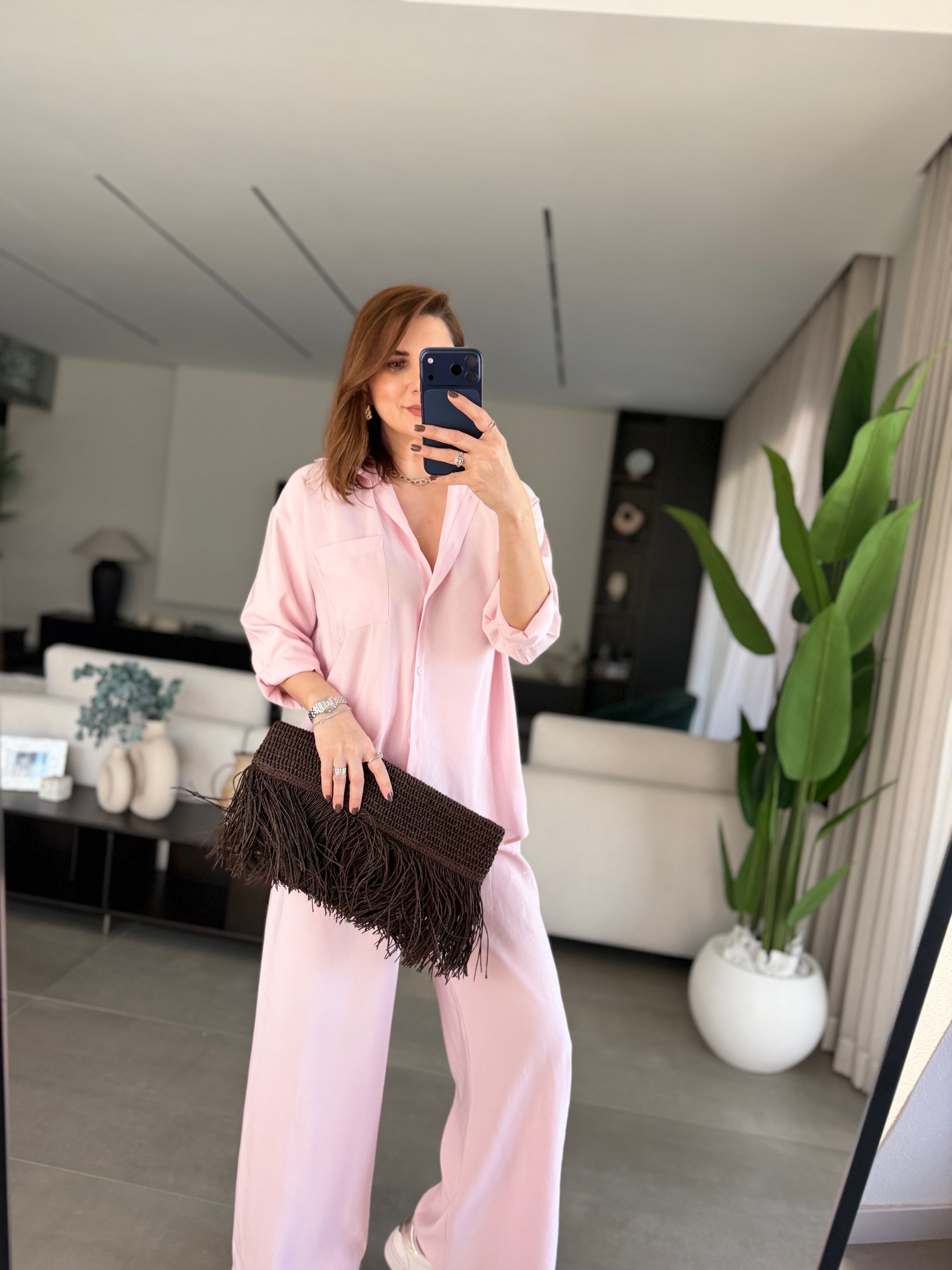 Pembe Salaş Gömlek Takım