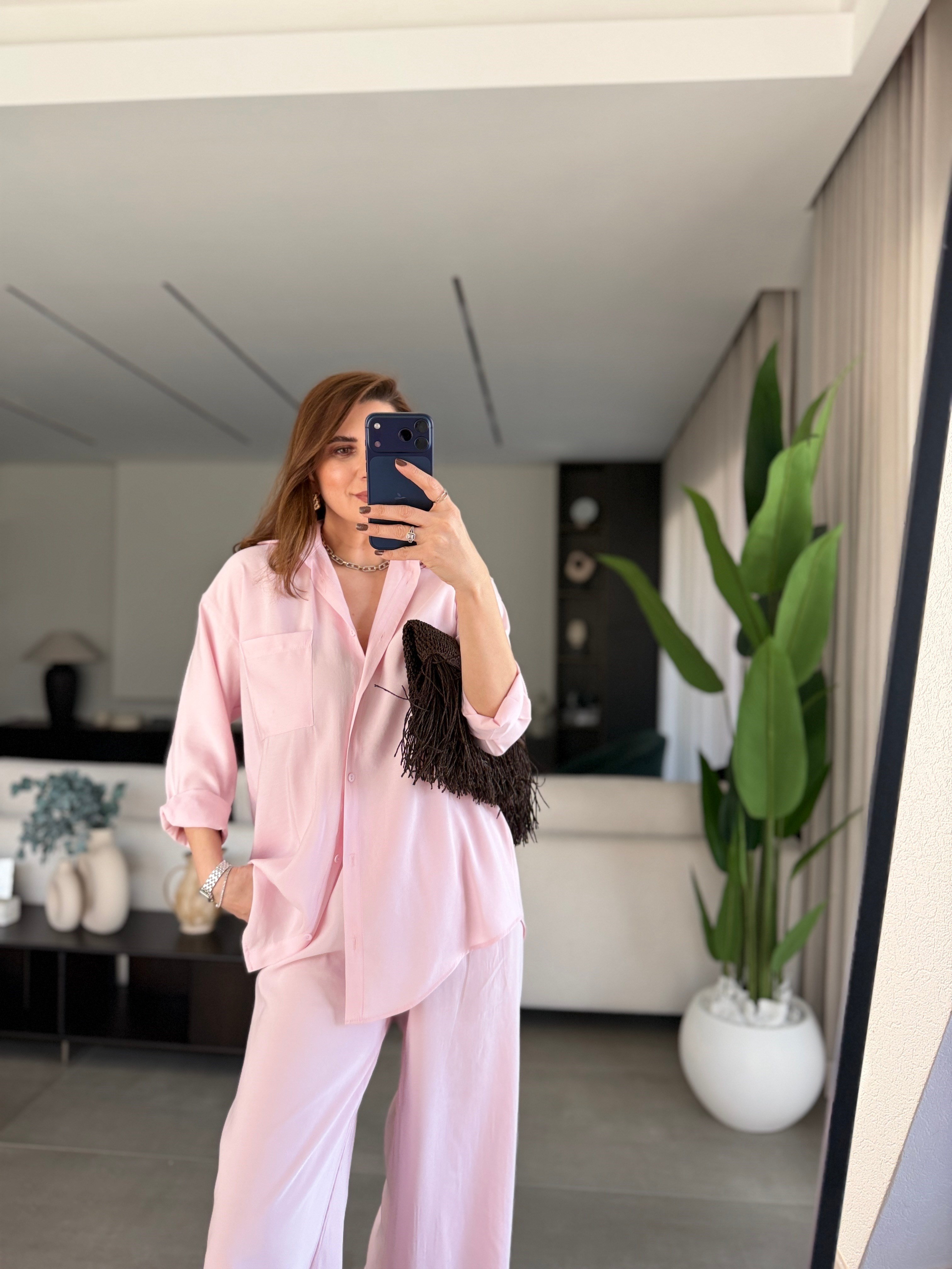 Pembe Salaş Gömlek Takım
