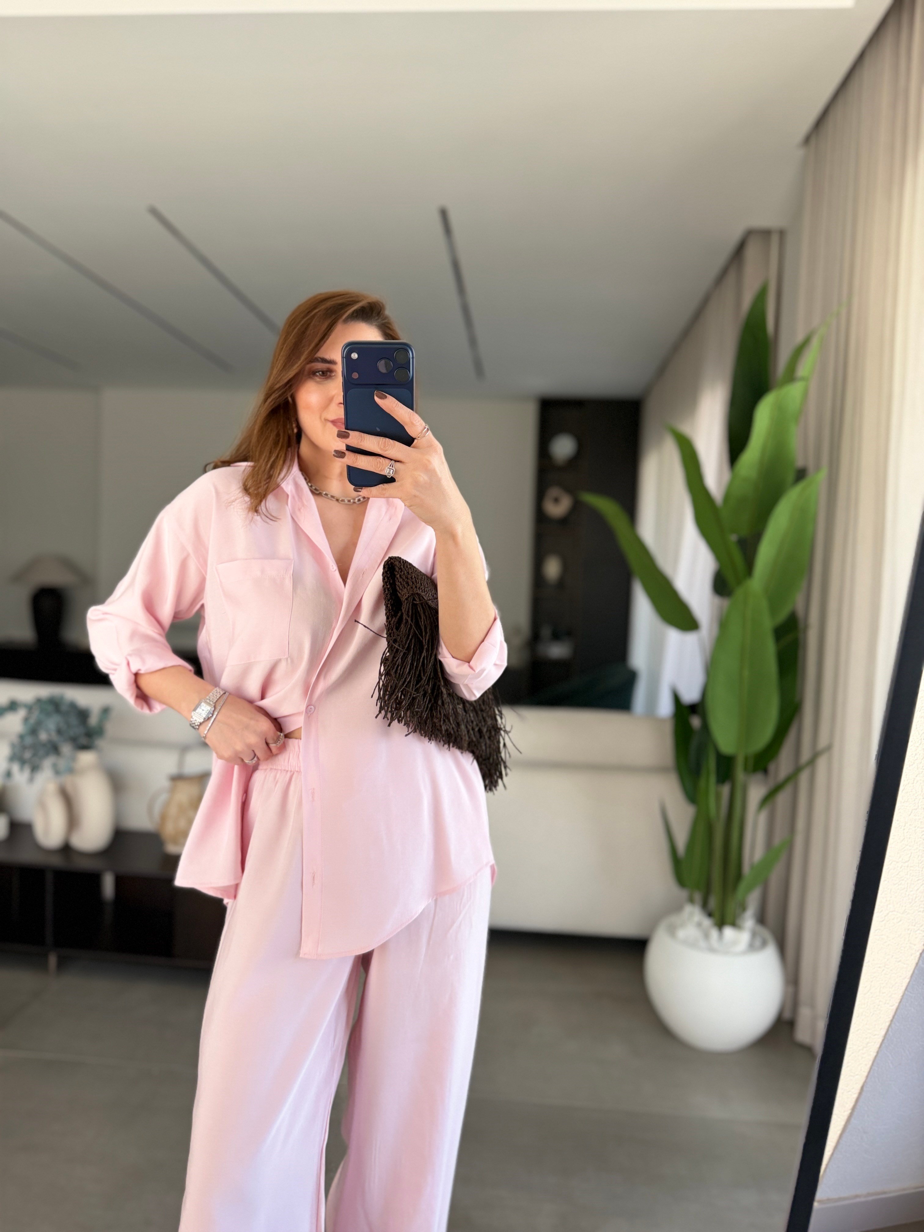 Pembe Salaş Gömlek Takım