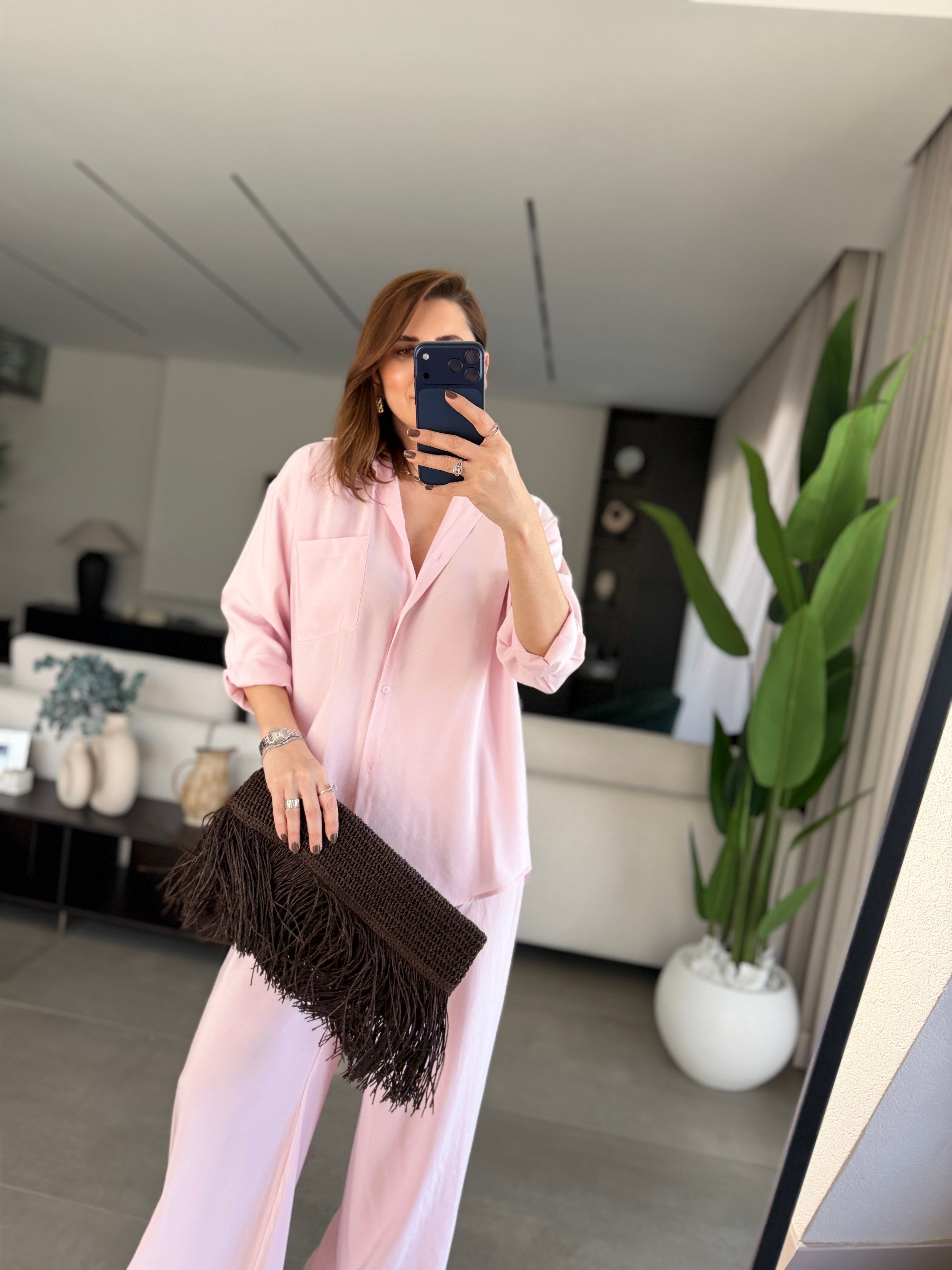 Pembe Salaş Gömlek Takım