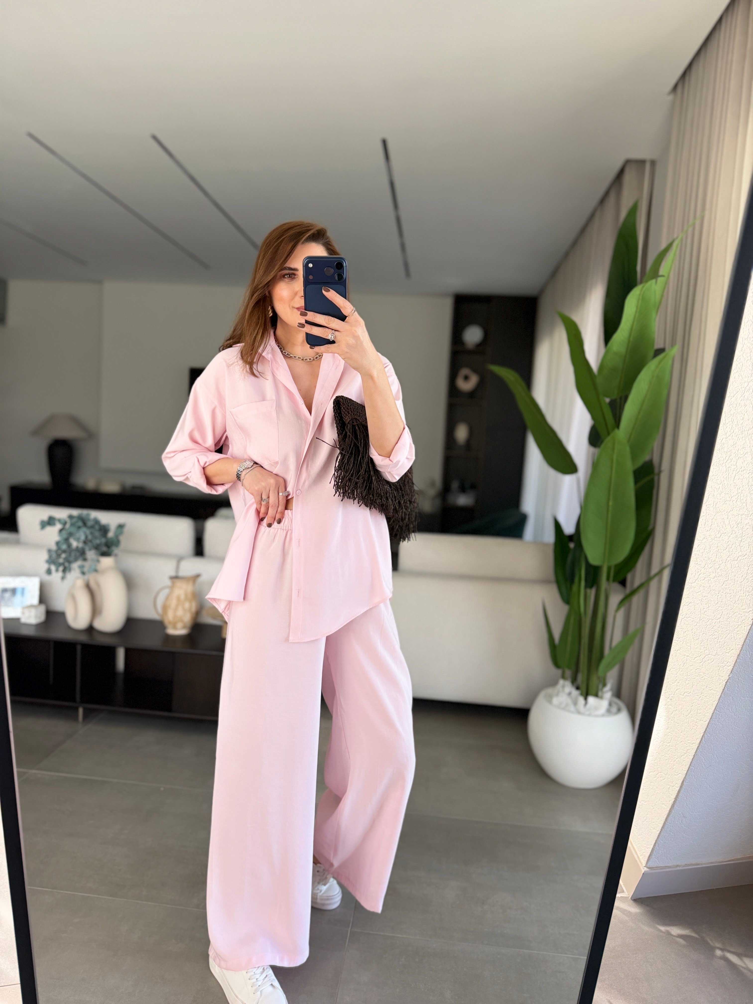 Pembe Salaş Gömlek Takım