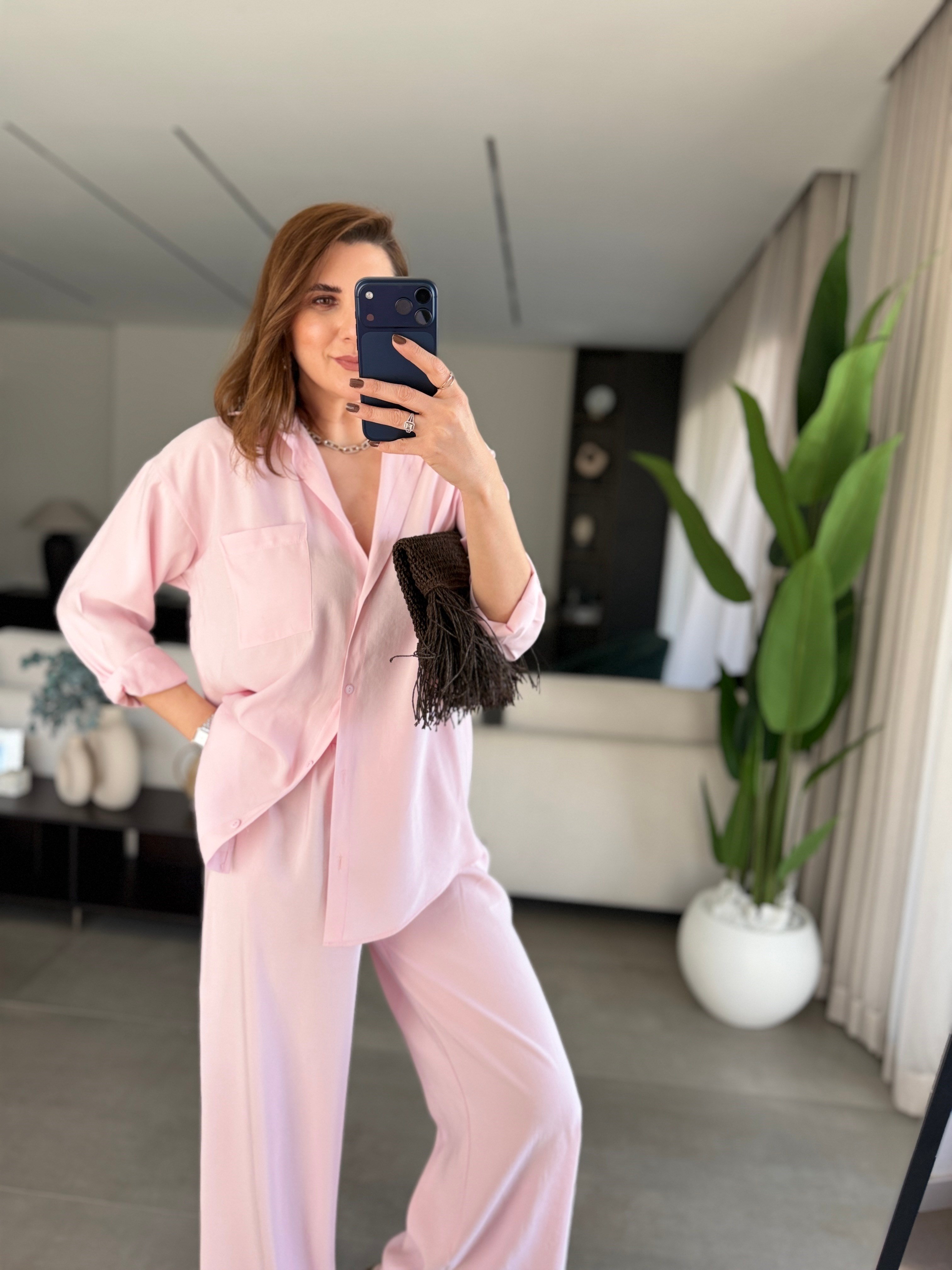 Pembe Salaş Gömlek Takım