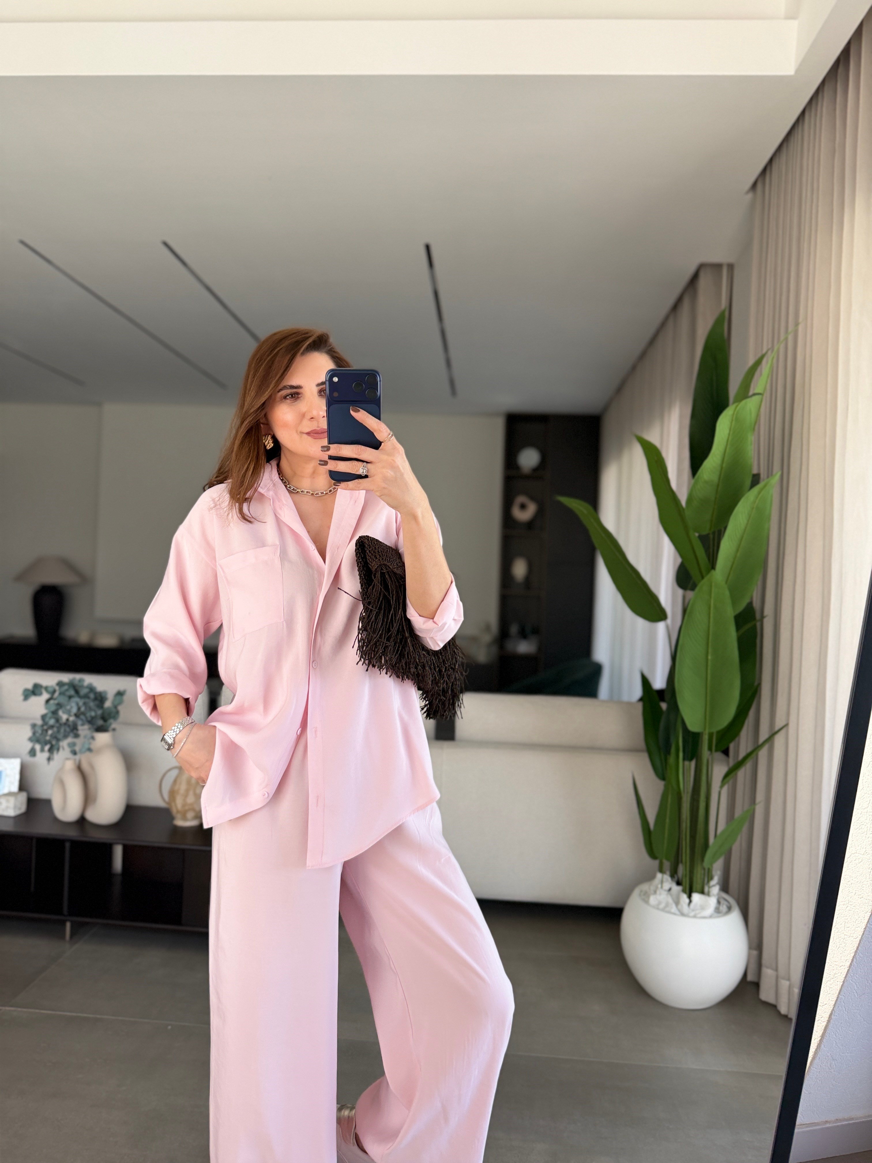 Pembe Salaş Gömlek Takım