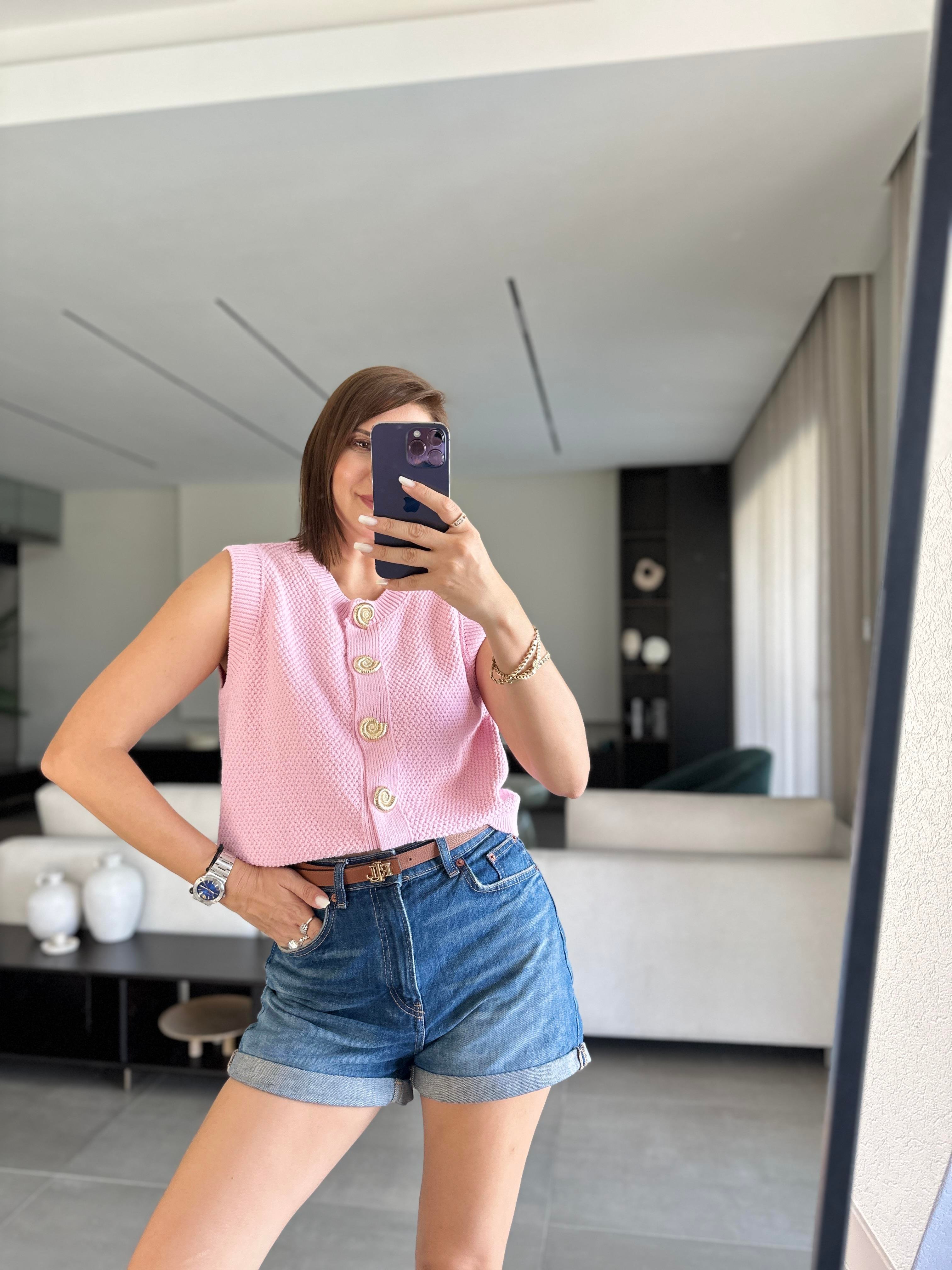 Pembe Salyangoz Düğmeli Yelek