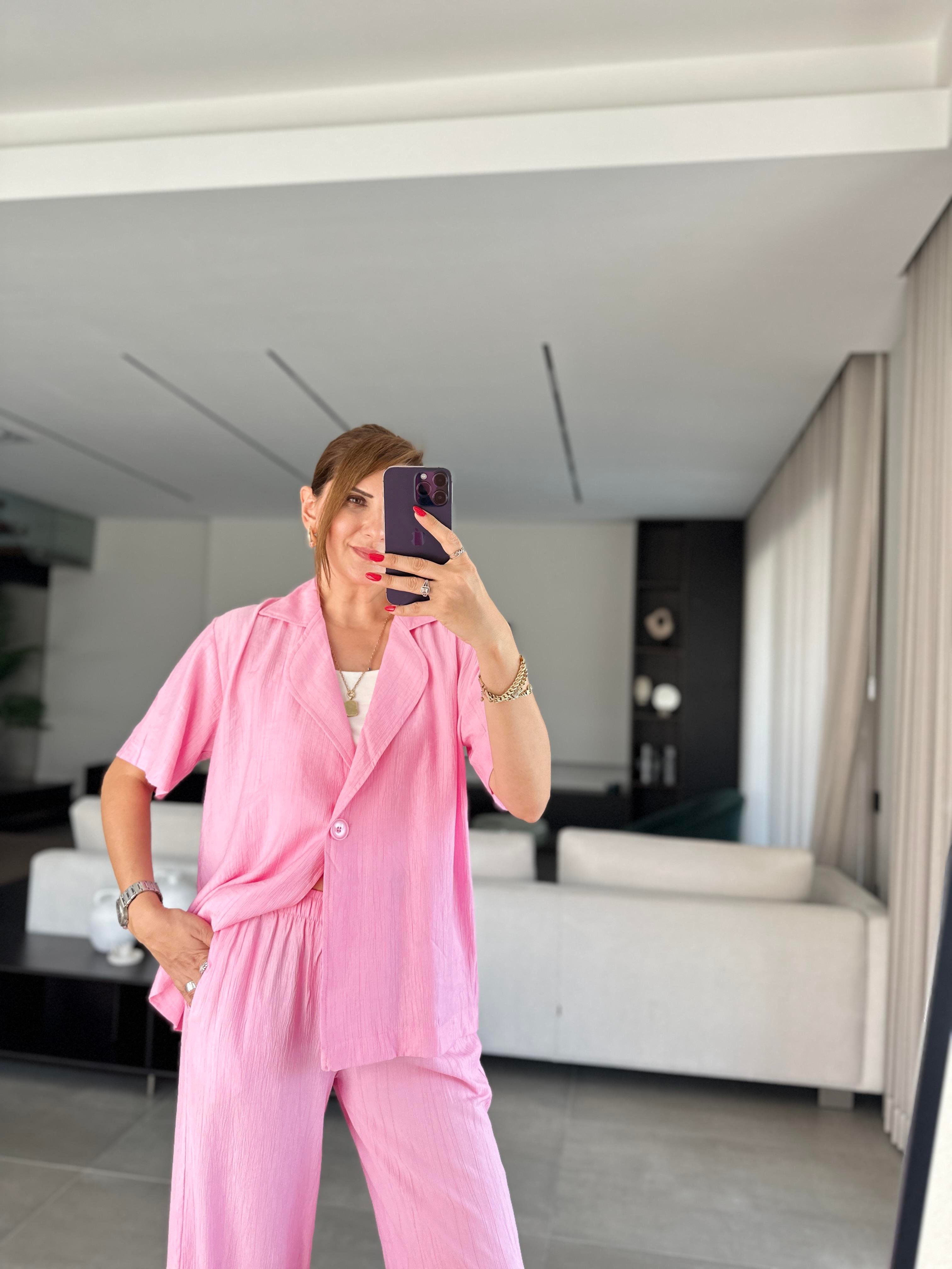Pembe Tek Düğmeli Modal Takım