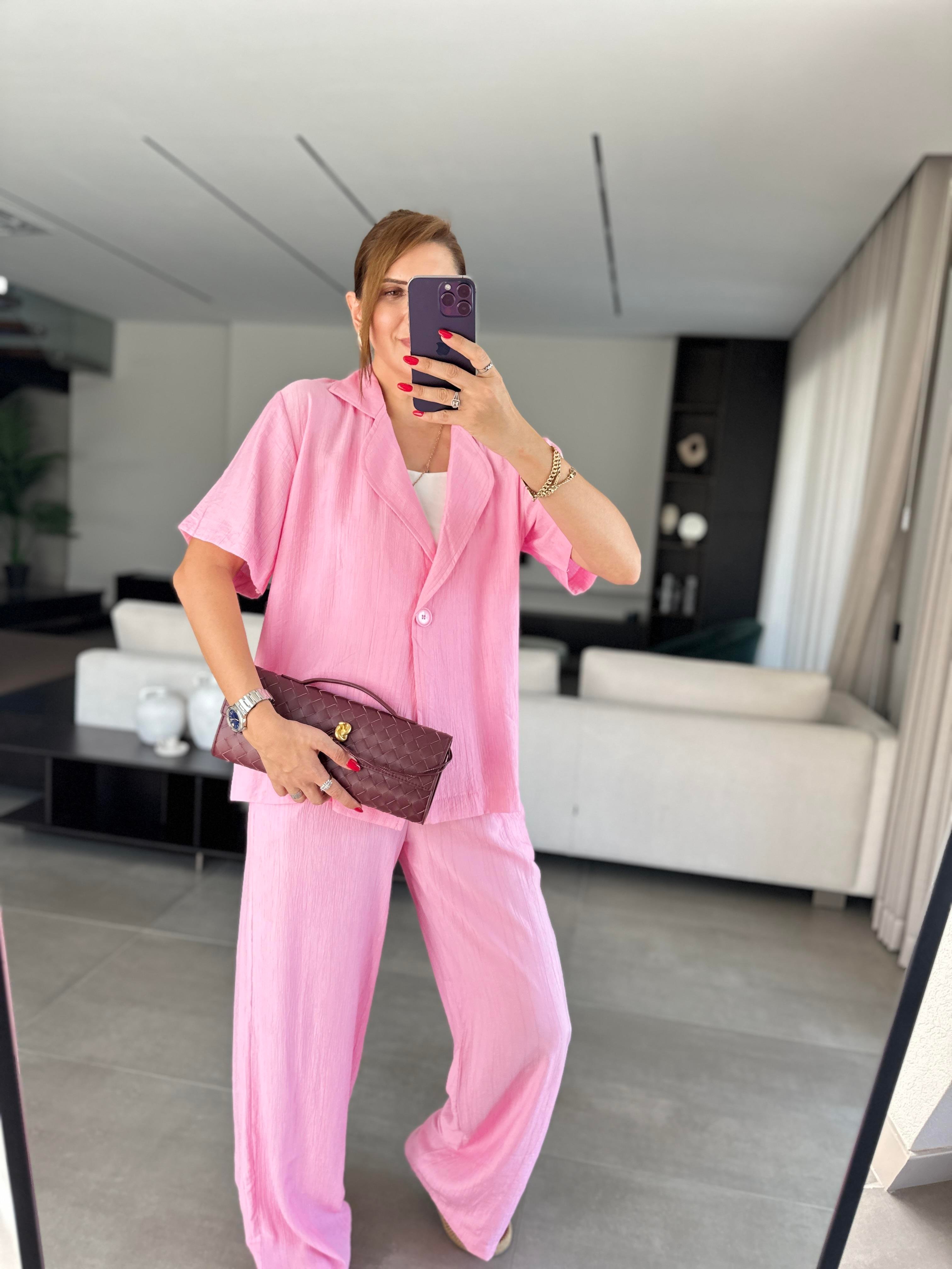 Pembe Tek Düğmeli Modal Takım