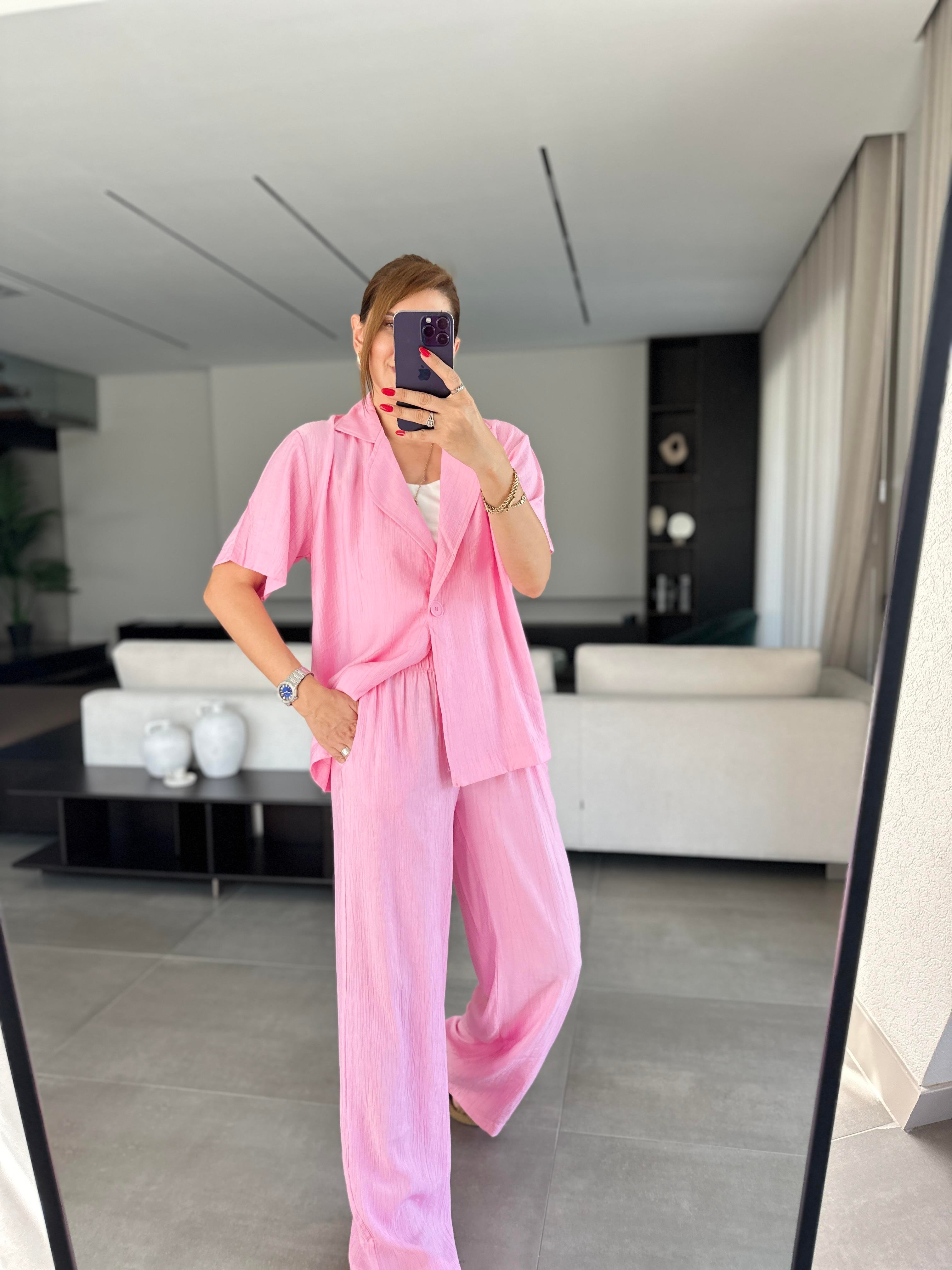 Pembe Tek Düğmeli Modal Takım