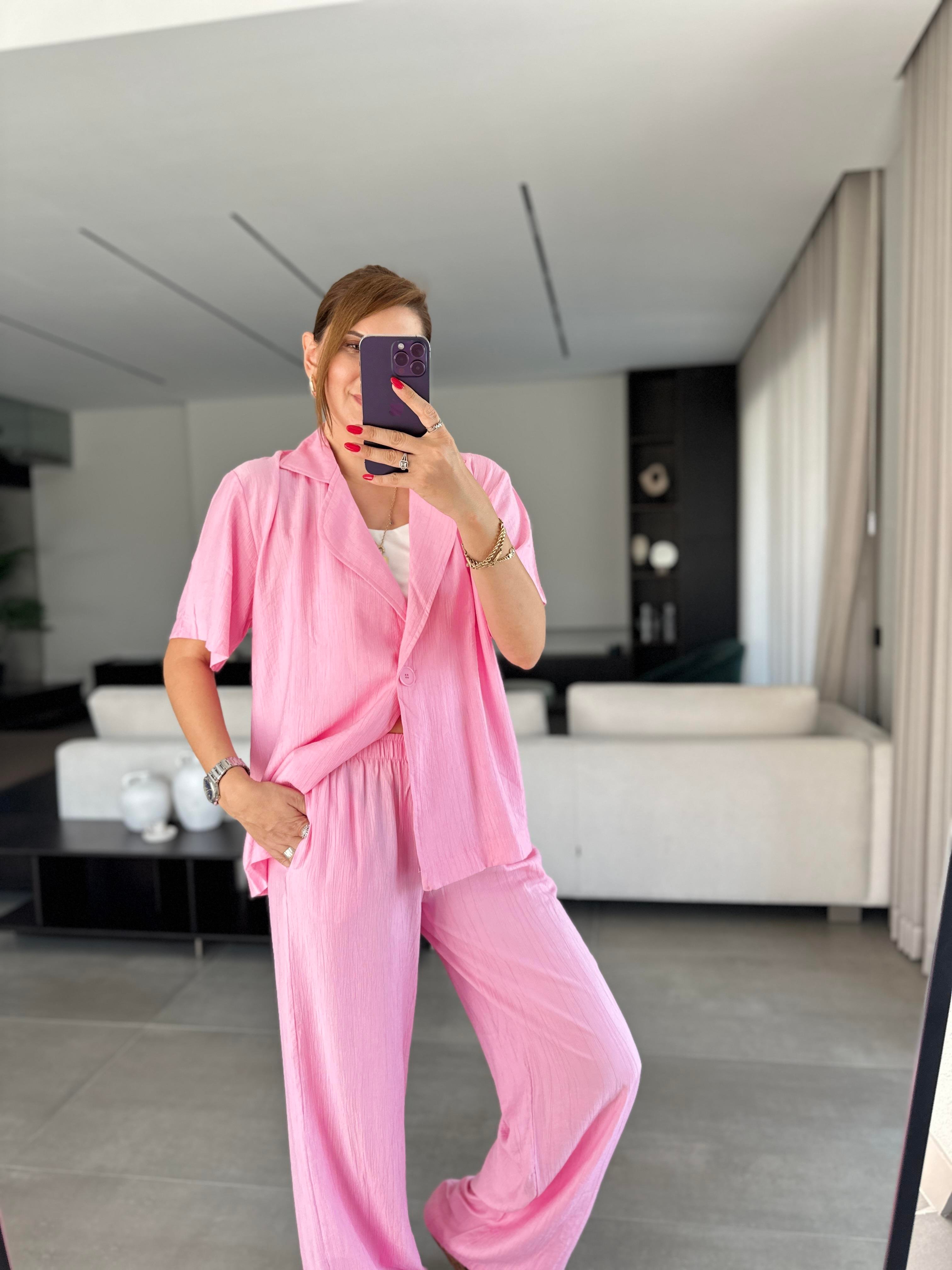 Pembe Tek Düğmeli Modal Takım
