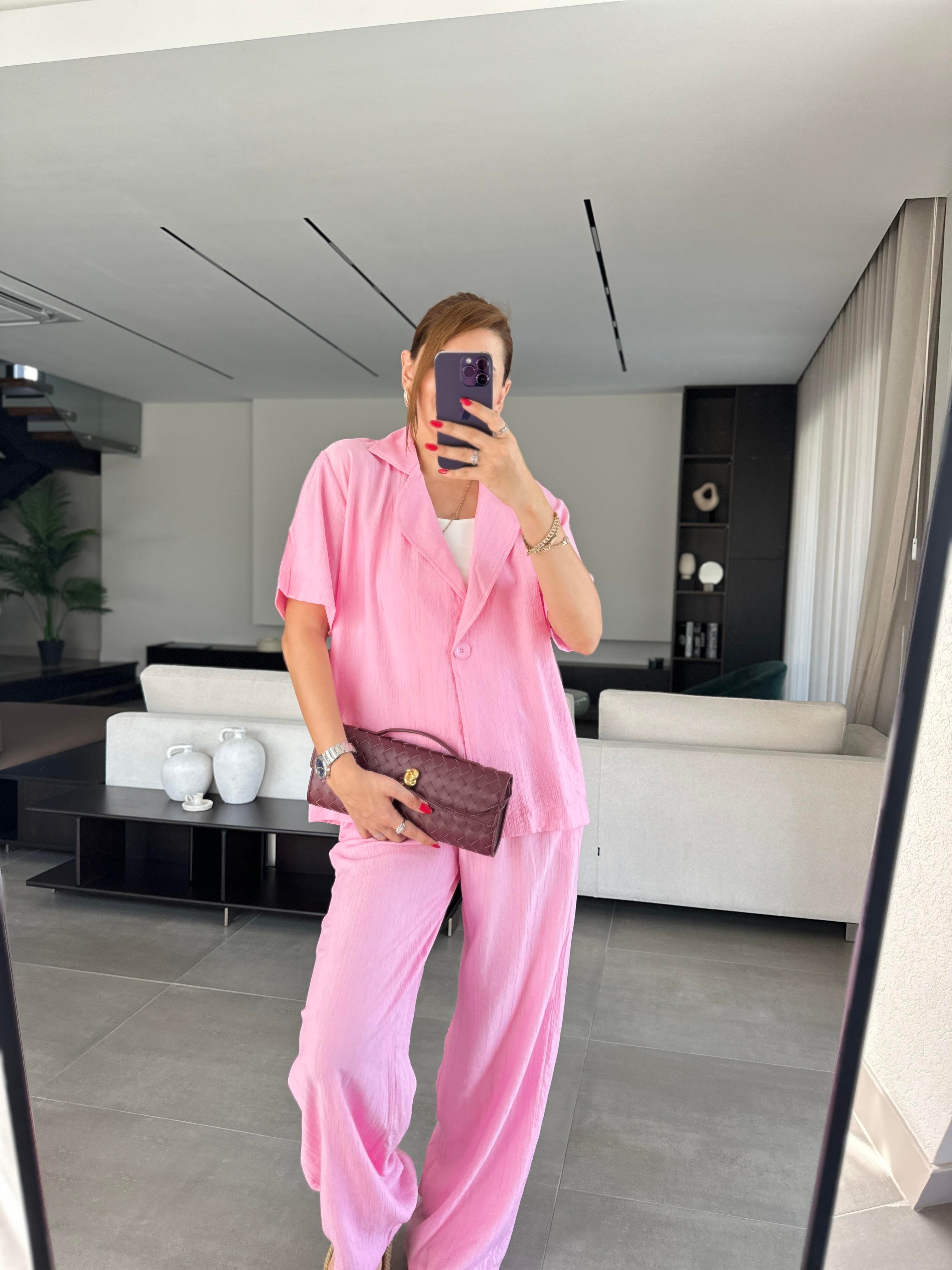 Pembe Tek Düğmeli Modal Takım