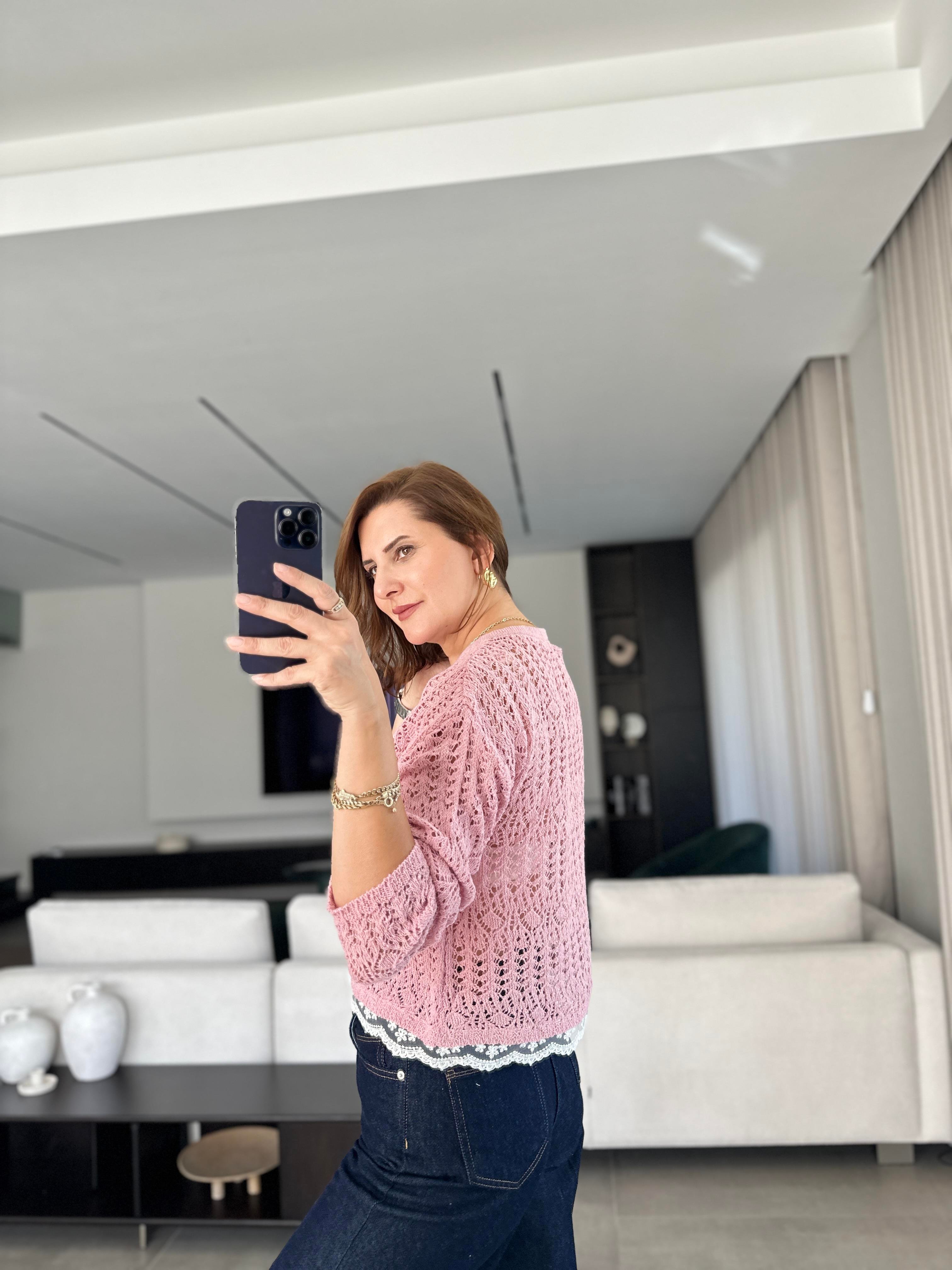 Pembe Tül Detay Hırka